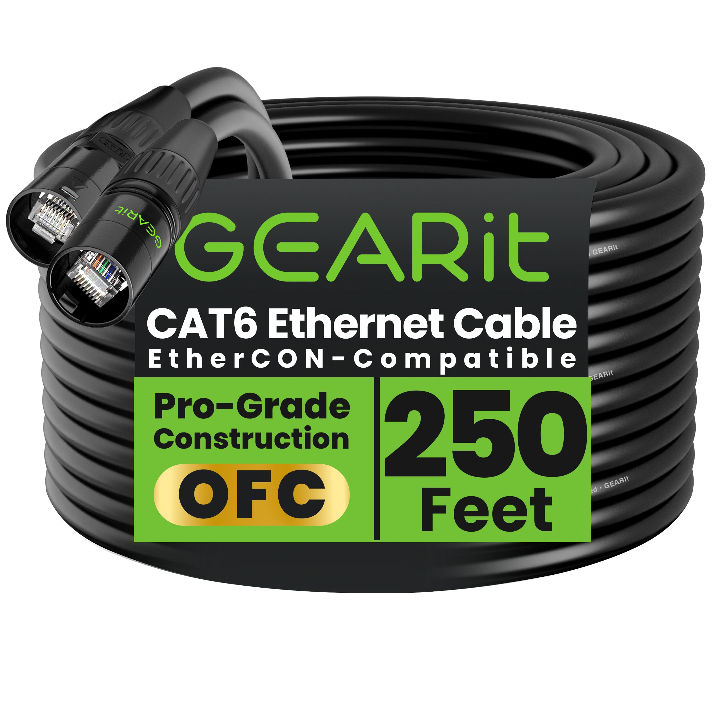 GEARit Shielded CAT6 Ethercon Cable (250 Feet) Professional Audio & Lighting RJ45 EtherCON-Compatible Cable for Studio, Stage, Concerts - 250ft Black
