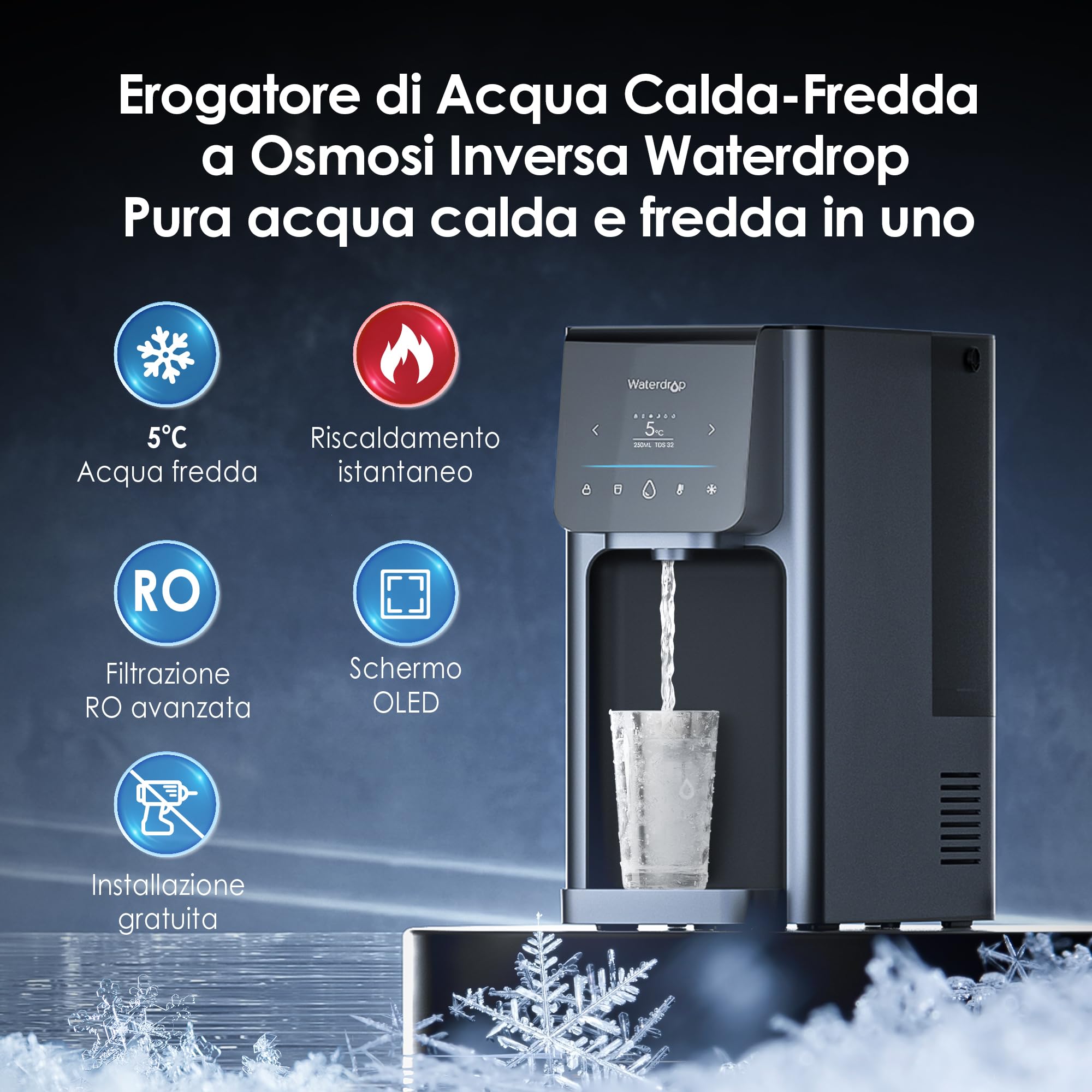Waterdrop WD-A1 Osmosi Inversa Sistema da Banco, Erogatore di Acqua Calda e Fredda, Standard NSF/ANSI 58, Refrigeratore d'Acqua Senza Bottiglia, 6 Impostazioni di Temperatura