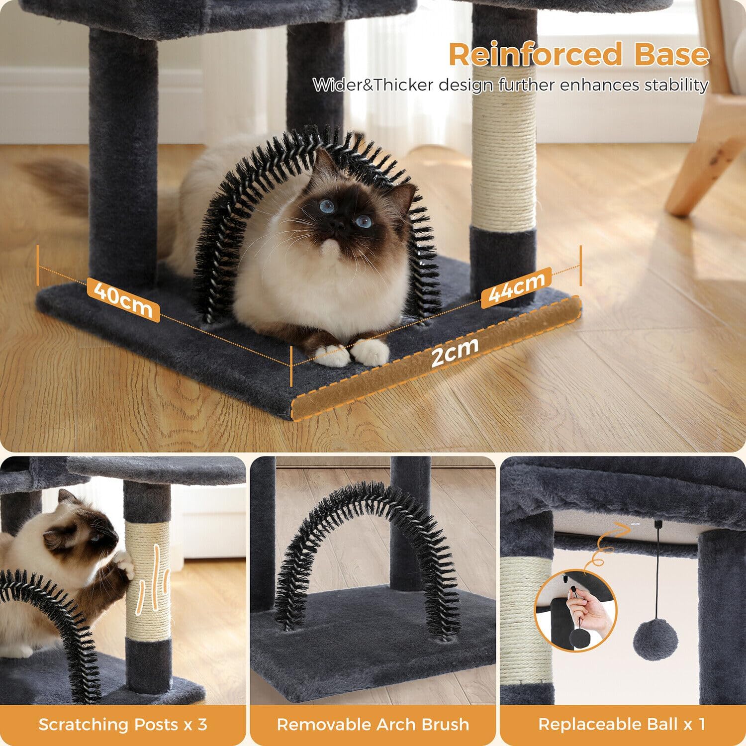 PurpleRain Purplerain Kattenboom, meertraps kattentoren voor huiskatten, kattenklimboom, Condo met sisal beklede krabpalen, diepe hangmat en interactief kattenspeelgoed, grijs, 105 cm