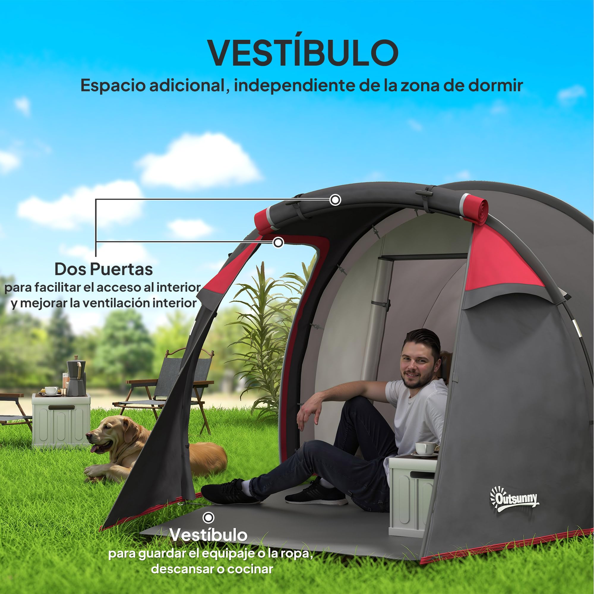 Outsunny Tienda de Campaña Familiar Tipo Túnel 2-3 Personas Plegable Impermeable 2000+ mm a Prueba de UV 20+ Ligero con Vestíbulo y 4 Estaciones para Camping Senderismo 426x206x154 cm
