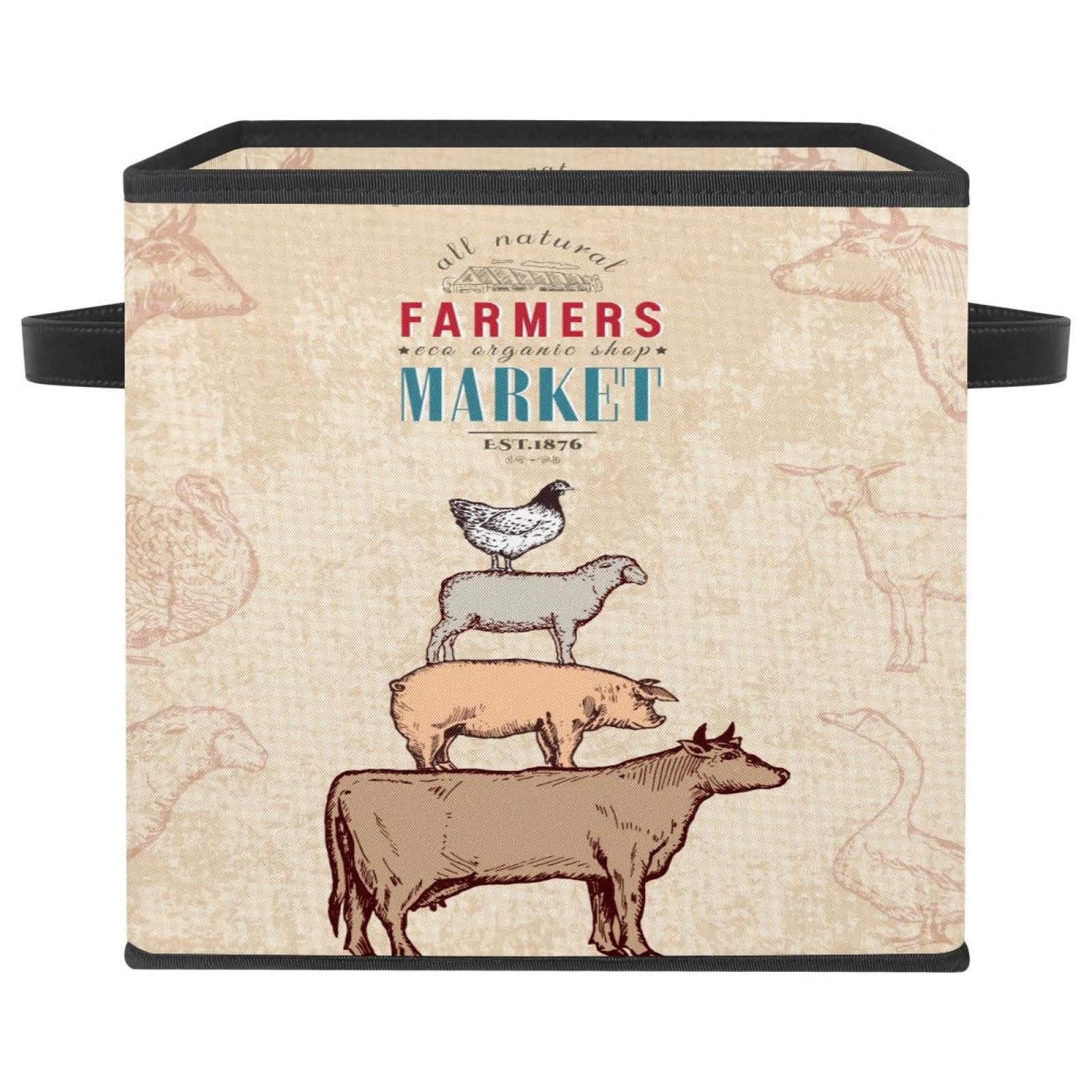 Boîte de rangement cube pliable en tissu avec poignées motif animaux de la ferme pour chambre