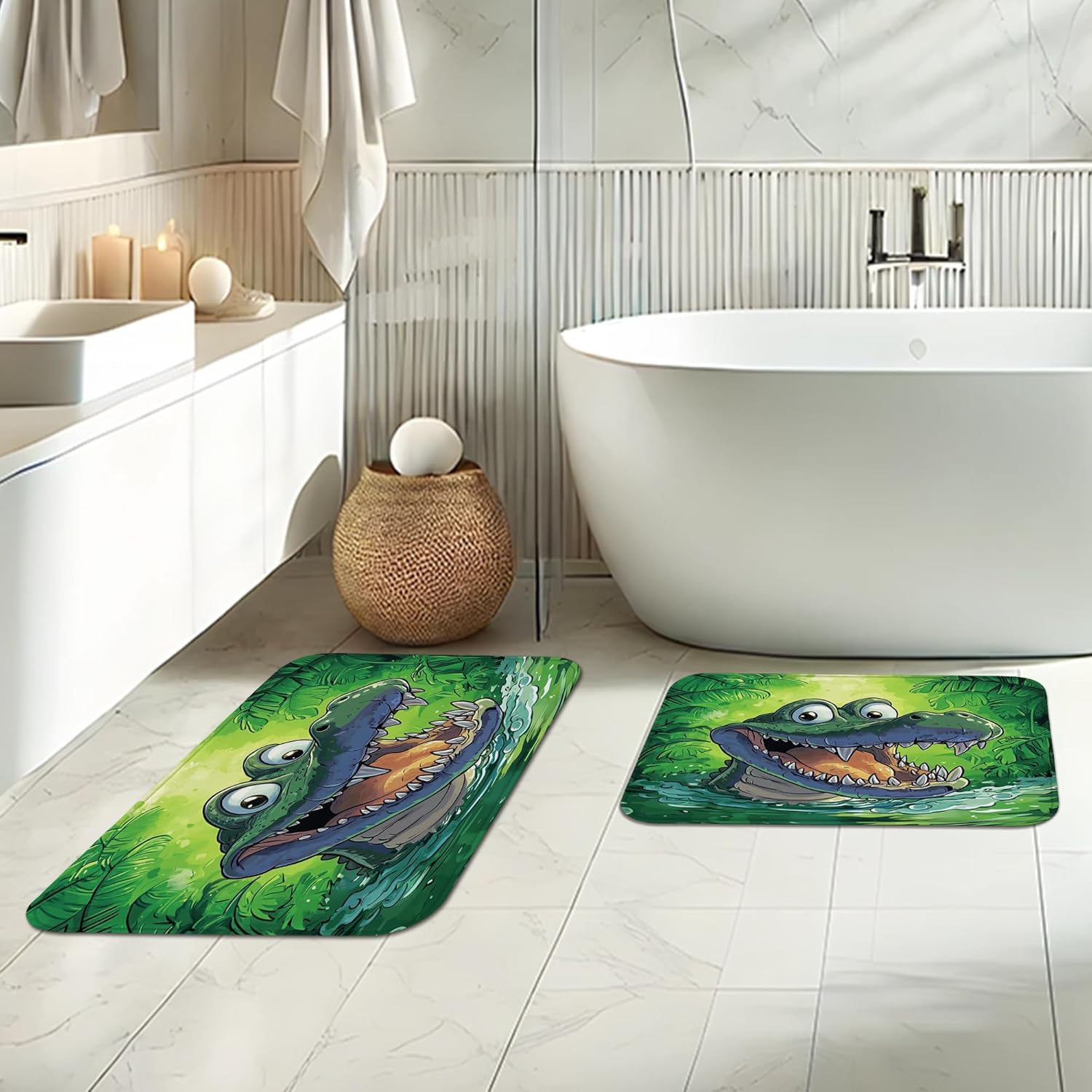 3PCS Cartoon Fun Crocodile Bathroom Accessory Set with Two Non-Slip Washable Bath Rugs (16x24&20x32), Anime Weird Alligator Bathroom Mat Decorative-72''x72'''
