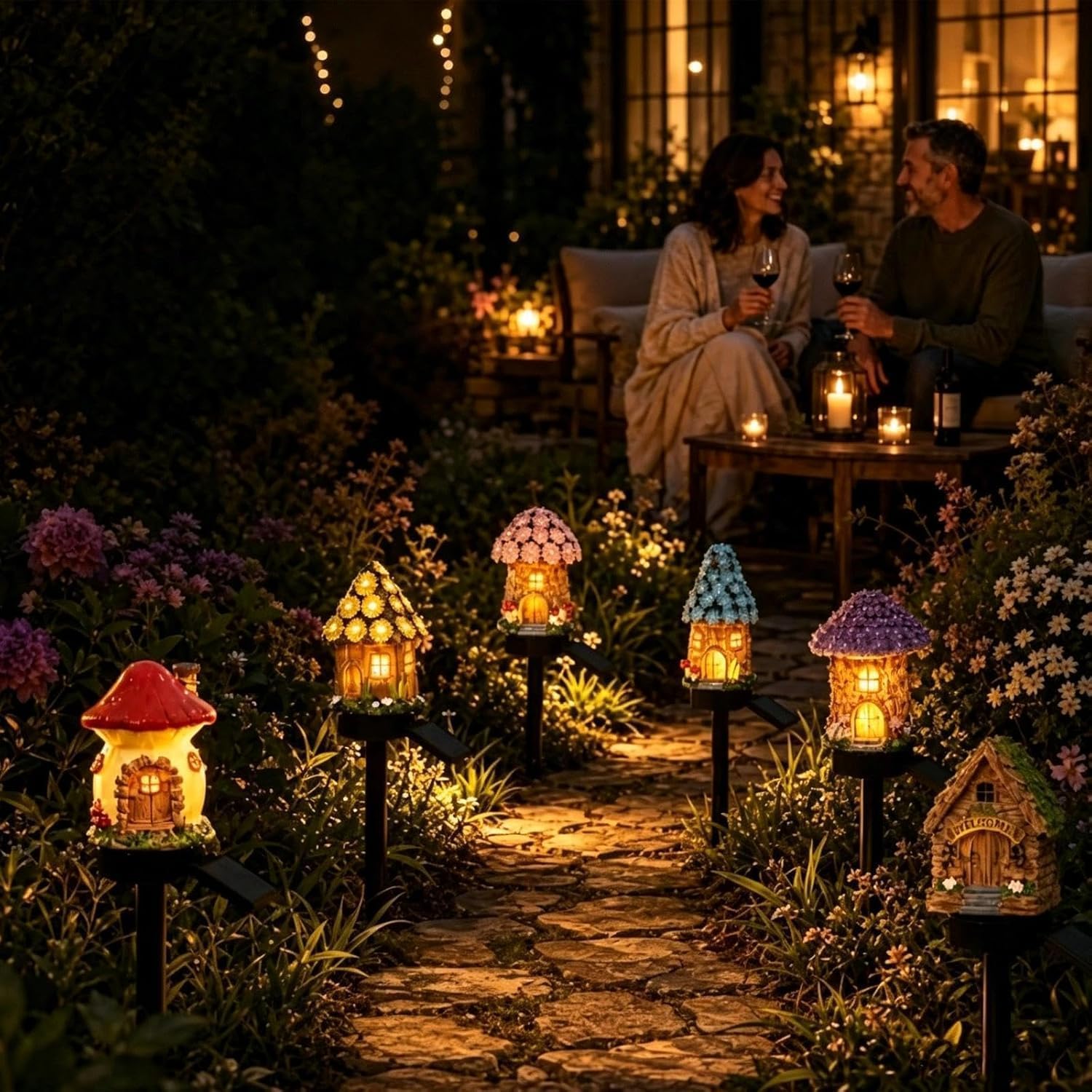Solar Fairy-Tale Mushroom House Lights Cottage Garden Stake Lights, Resin Mushroom Cottage Figurine, Waterproof LED Mushrooms House Statue Lamp, Outdoor Landscape Pathway Yard Patio Lawn Decor (6PC)