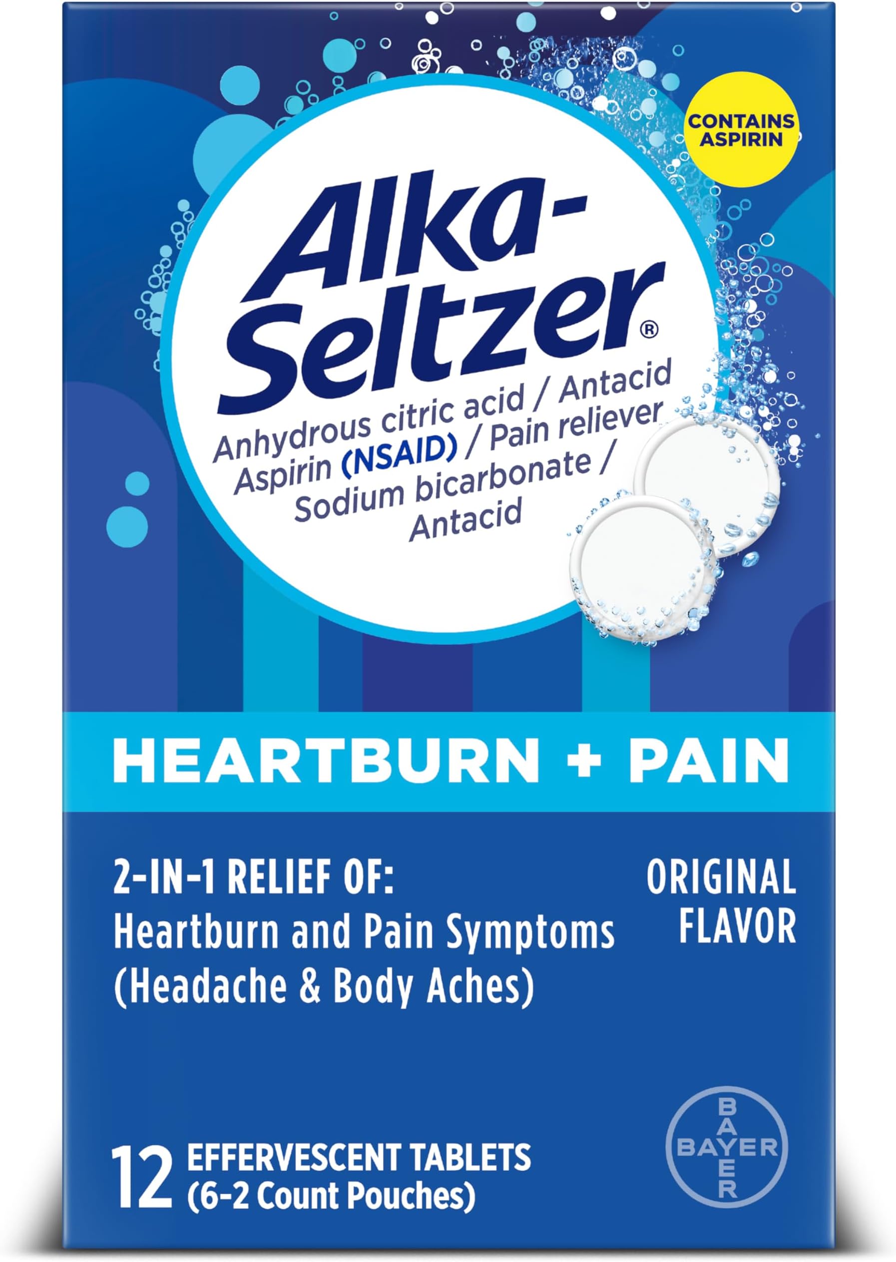 Alka-Seltzer Heartburn + Pain Effervescent Aspirin + Antacid Tablets, Fast Heartburn Relief and Acid Indigestion Relief, Pain Relief with Aspirin, 12 Ct