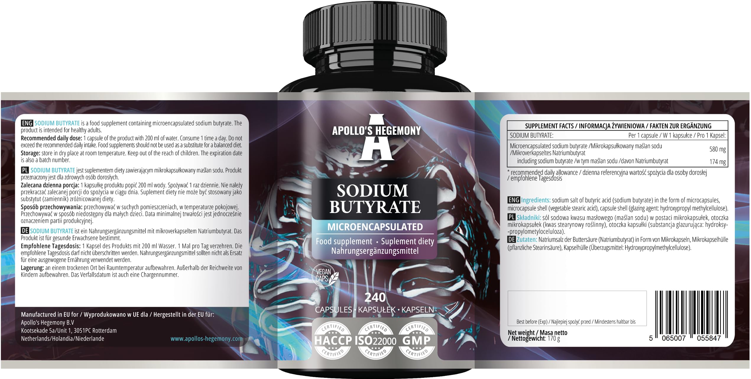 Butyrate de Sodium Haute Dose 580 mg (30% Acide Butyrique), 120 Capsules Végétales, 4 Mois, Supplément de Sodium pour Soutenir la Santé de l'Intestin - par Apollo's Hegemony