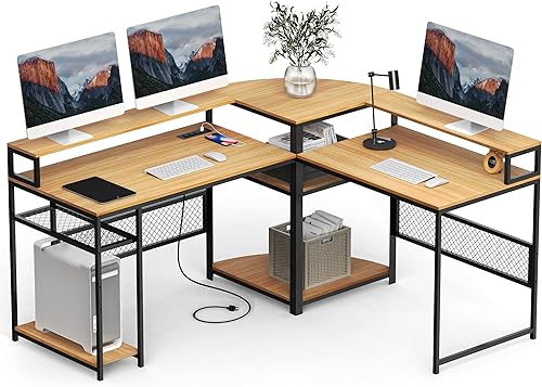 Miniatura 1 de Escritorio para computadora de 66 pulgadas en forma de L con almacenamiento, escritorio esquinero reversible con puerto de carga USB y toma de