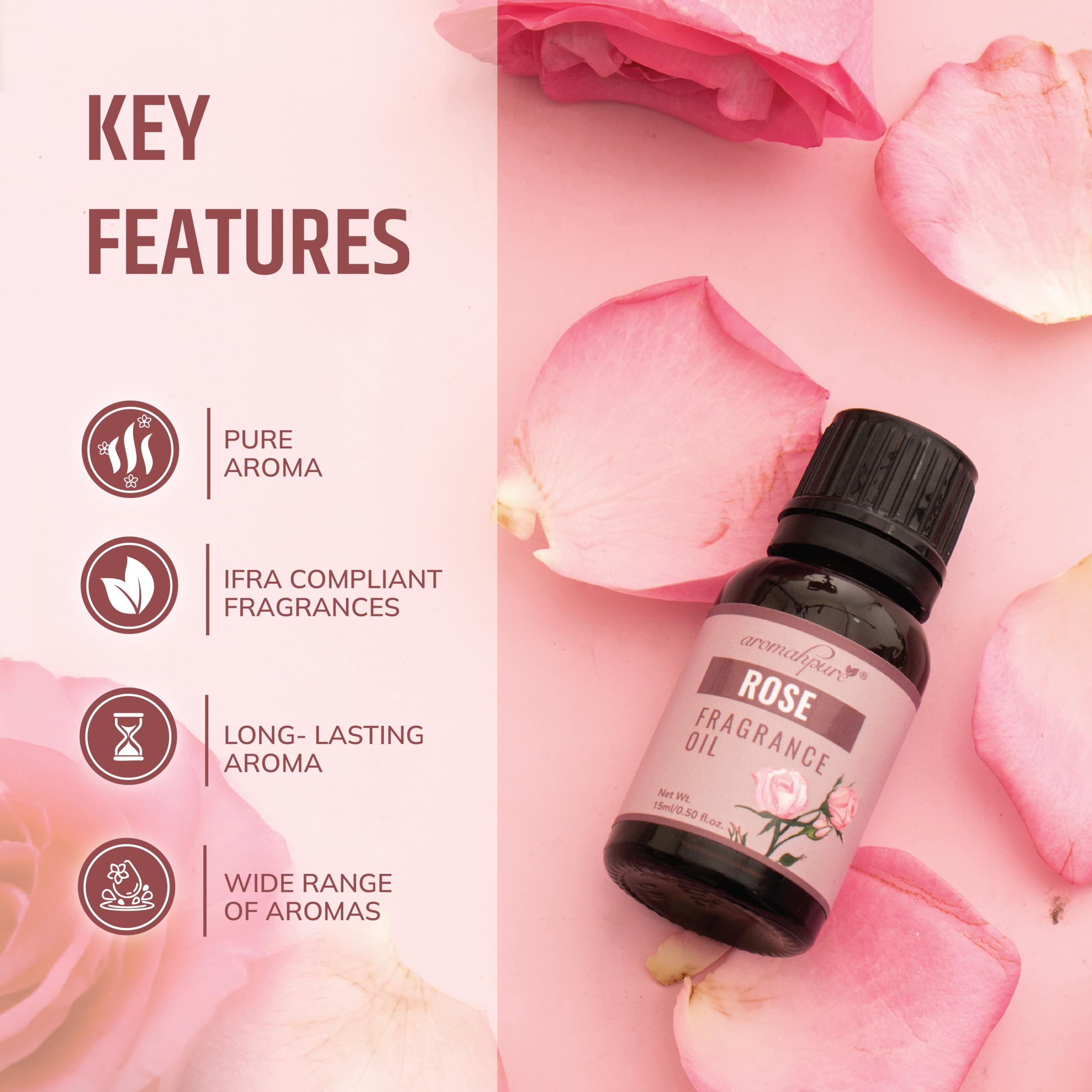 Aromahpure Fragrance Oil | 15 ml | Rose Aroma Oil for Home Fragrance | Best for Aromatherapy | Helps in Meditation | Used in Diffusers, Candles, Air Fresheners, Soaps, IFRA Certified 2