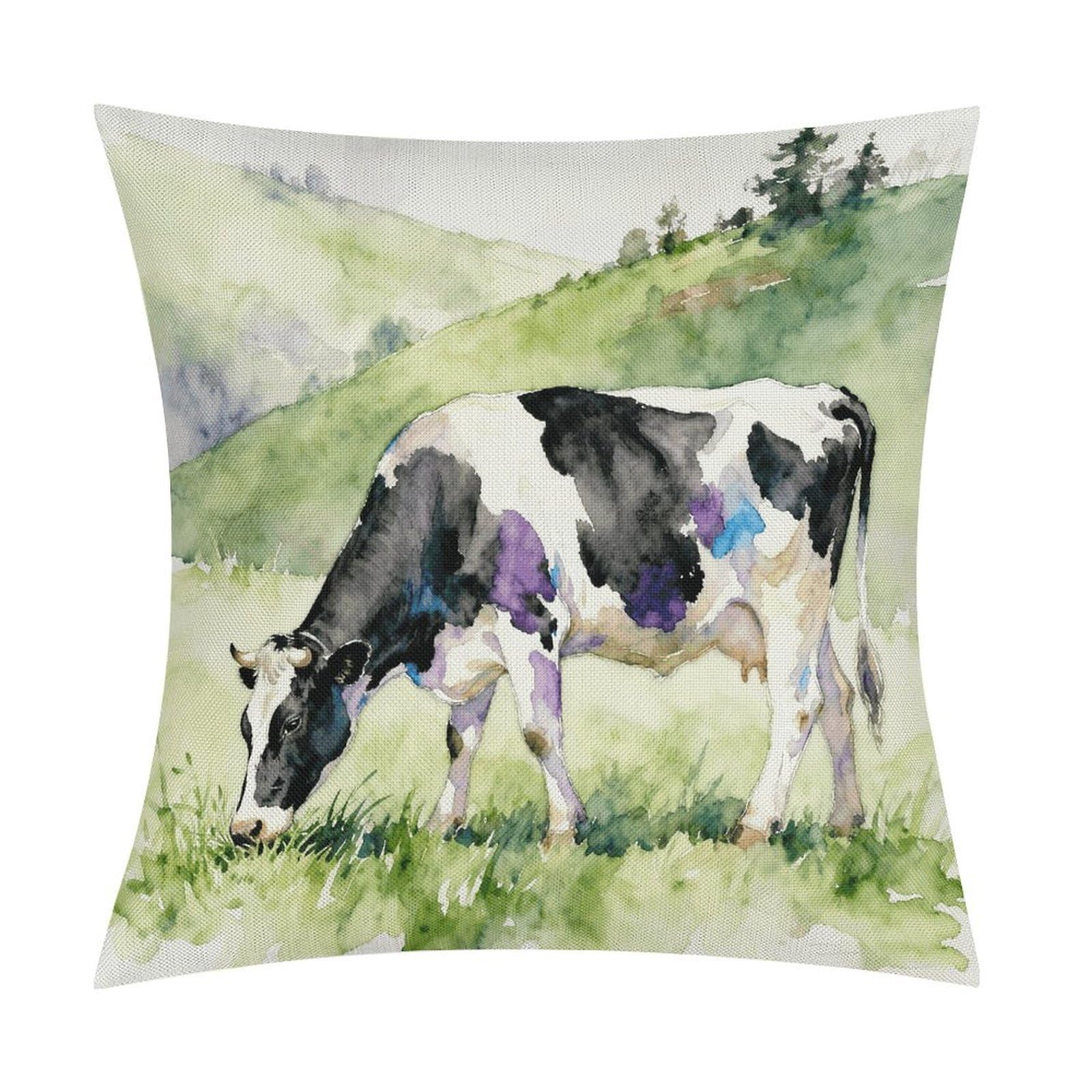 LZQPOEAS Cows Grazing Leisurely Throw Pillow Covers, Waterproof Faux Linen Pillow Cases with Invisible Zipper, Decorative Square Cushion Covers for Sofa Couch Living Room Bedroom 18x18 Inch