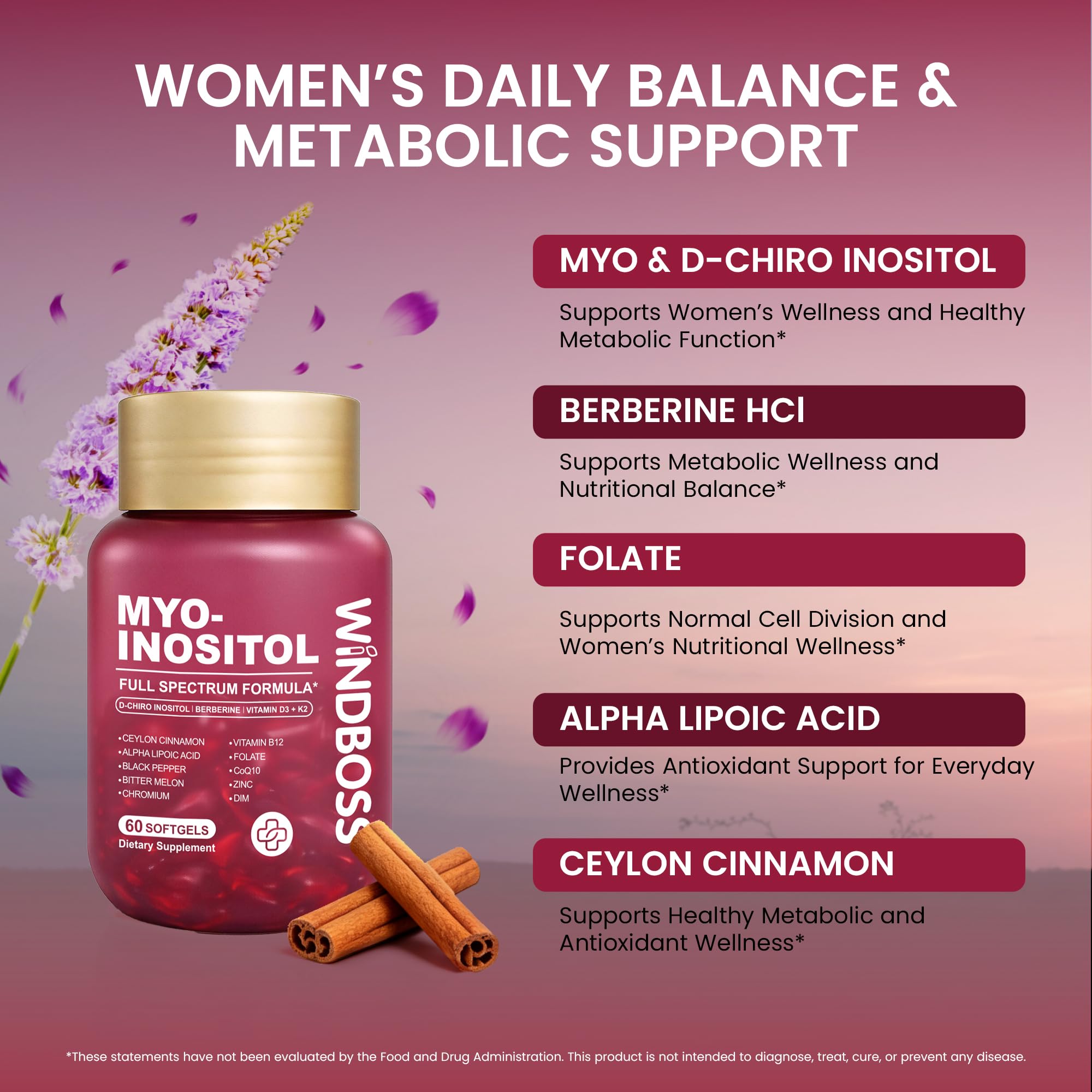 Windboss Myo - Suplementos de inositol y cortisol para mujeres, equilibrio hormonal, apoyo al estrés y bienestar emocional, D-Chiro inositol, Ashwagandha, berberina, vitamina D3+K2, 120 cápsulas 4