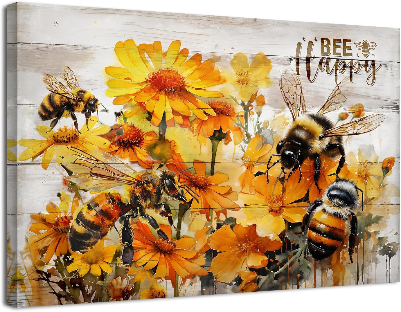 Yellow Daisy Wall Art Bee Wall Decor "Bee Happy" Rustic Canvas