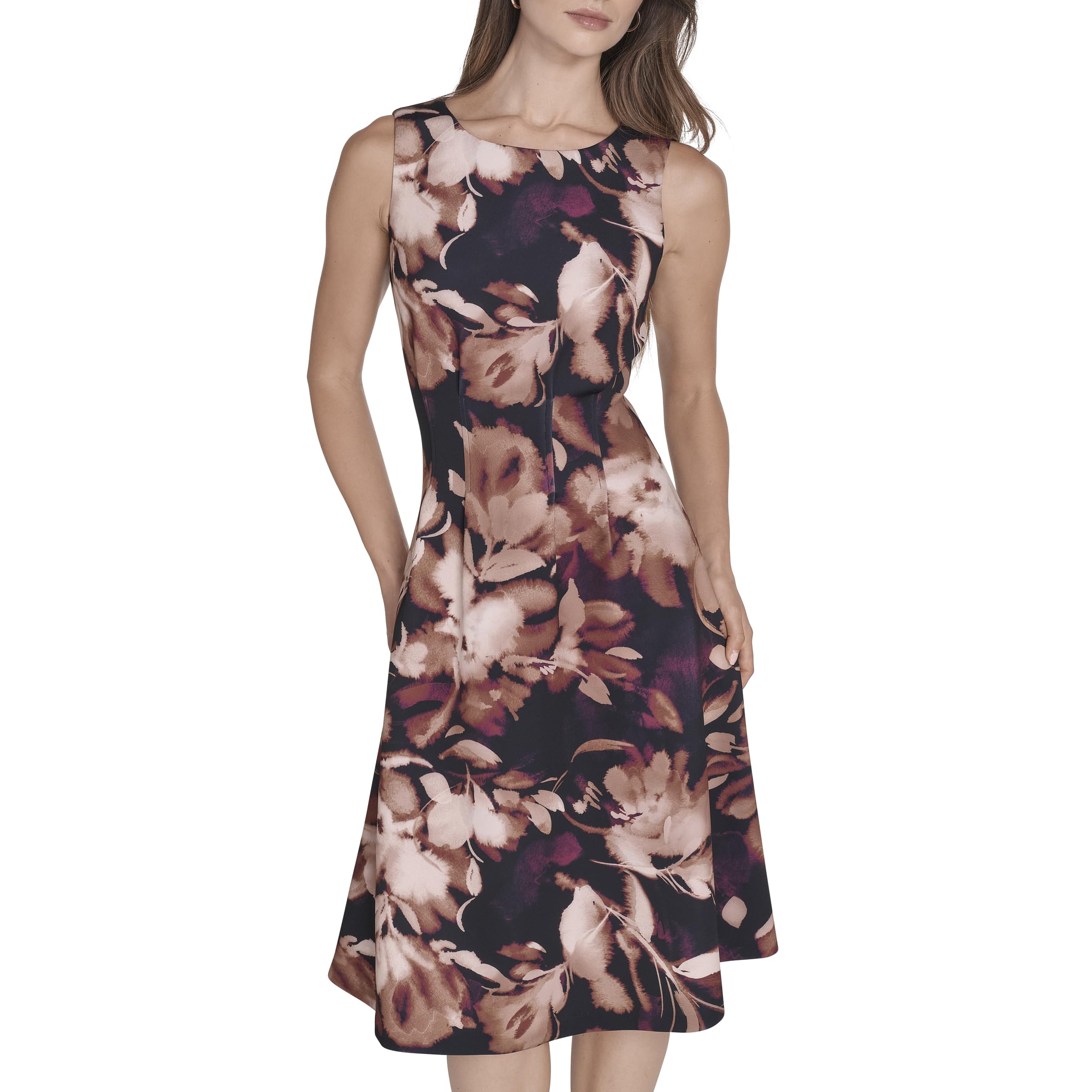 Halston Women's A Line Round Neck Knee Length Dress