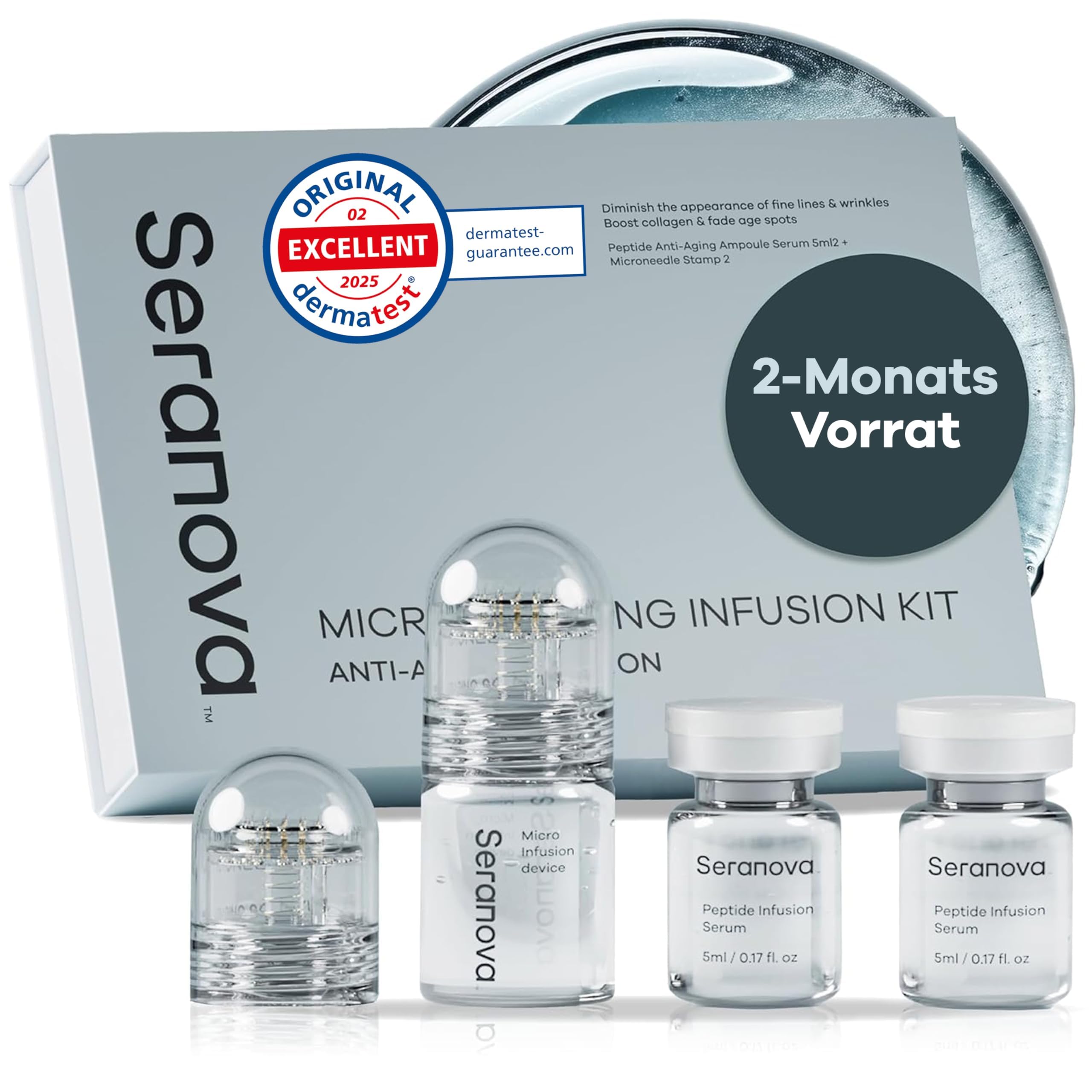 Seranova - Mikro-Infusion zur Hautpflege - mit Kollagen-Peptiden & Hyaluronsäure, Gesichtsserum und Stempel 0,05 mm (2 Monatsvorrat)