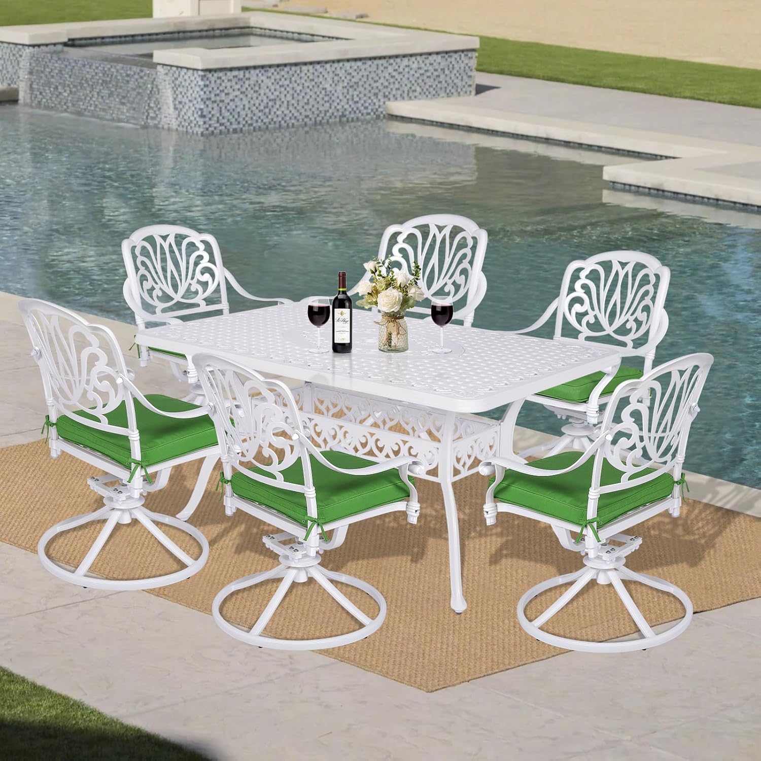 VIVIJASON Outdoor Patio Dining Rectangle Table White Cast Aluminum Rustic Large Patio Table with 2" Umbrella Hole for Garden, Backyard, Deck