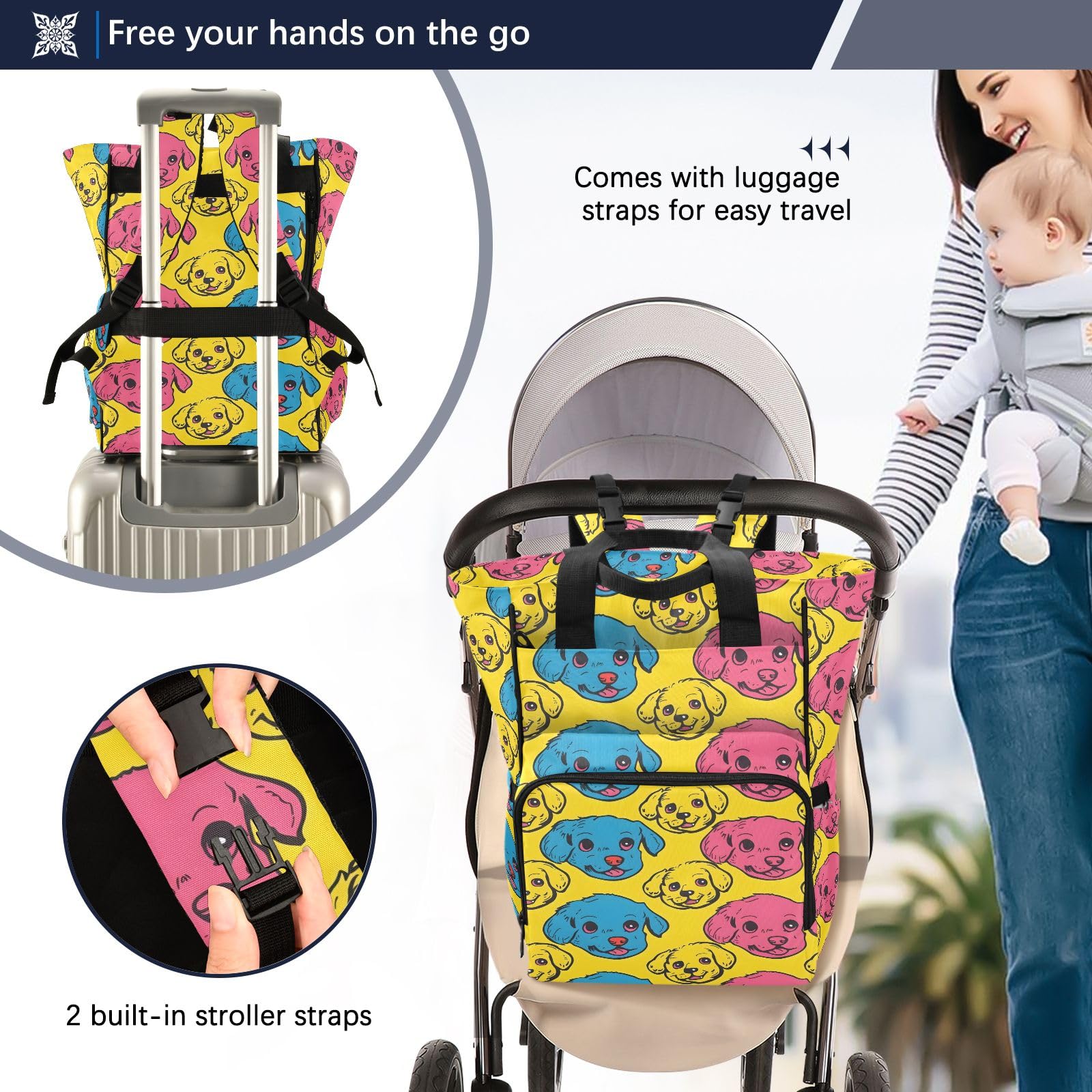 Mnsruu Linea Cucciolo Cartoon Seamless Tinta unita Sfondo Del Bambino Della Borsa Del Pannolino Del Bambino Zaino Grande Borsa Impermeabile Viaggio Pannolino Borse per Mamme