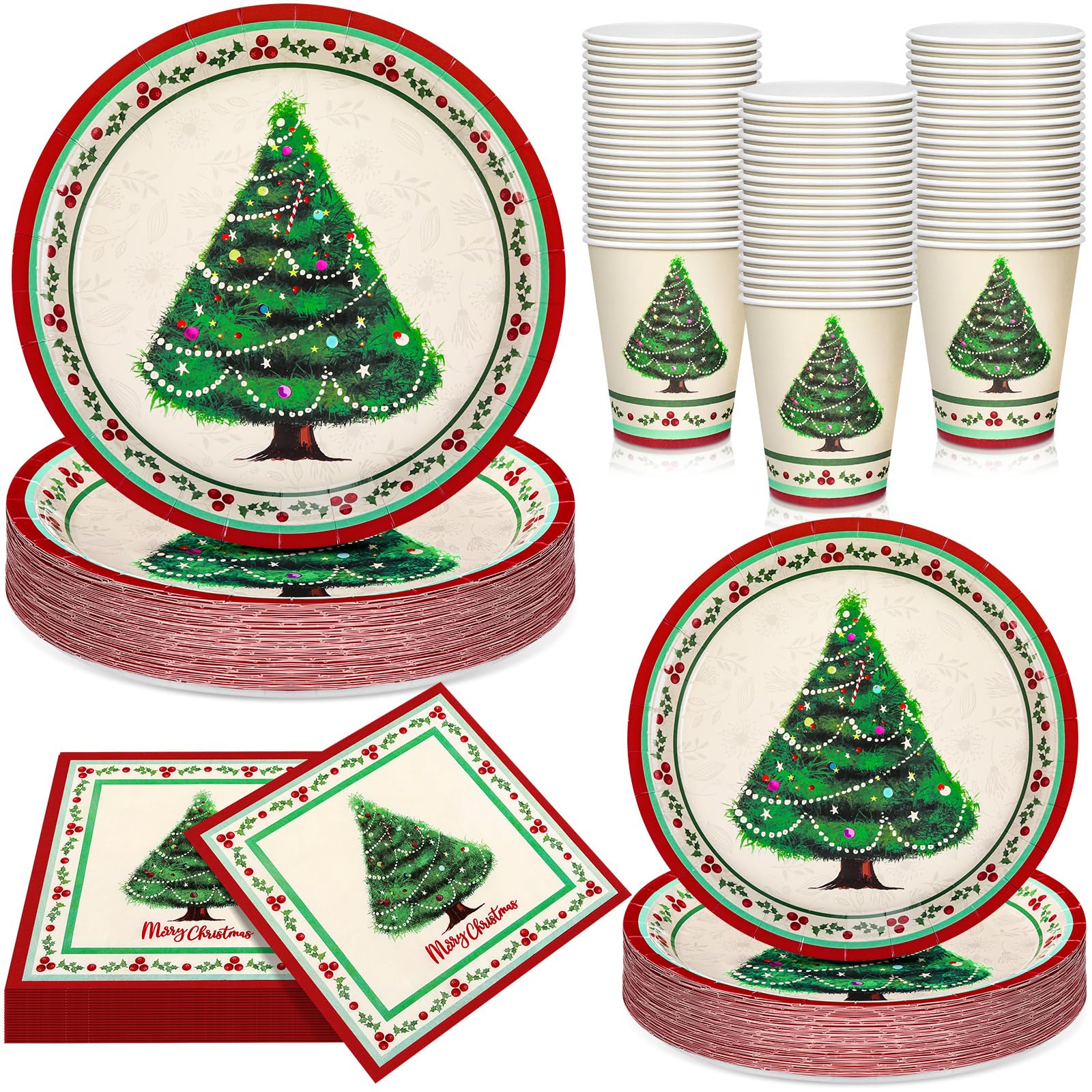 Domensi Juego de 200 piezas de vajilla vintage para 50 invitados, platos y servilletas de papel de Navidad de 7 y 9 pulgadas, vasos desechables de Navidad de 9 onzas para decoración de fiestas de