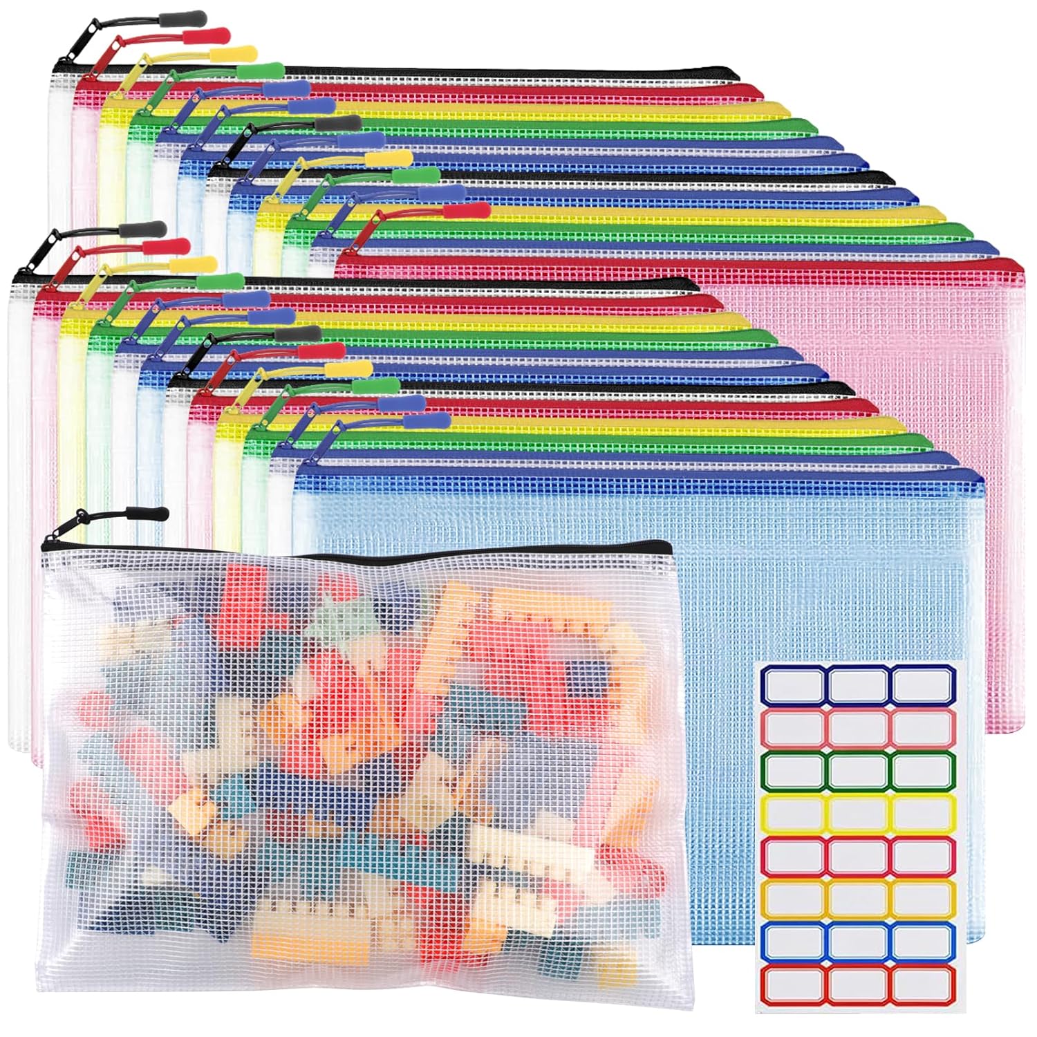 24pcs Mesh Zipper Pouch Bags A4 Zipper Bags for Classroom Organization Board Game Puzzle Storage Toys Cosmetics Travel