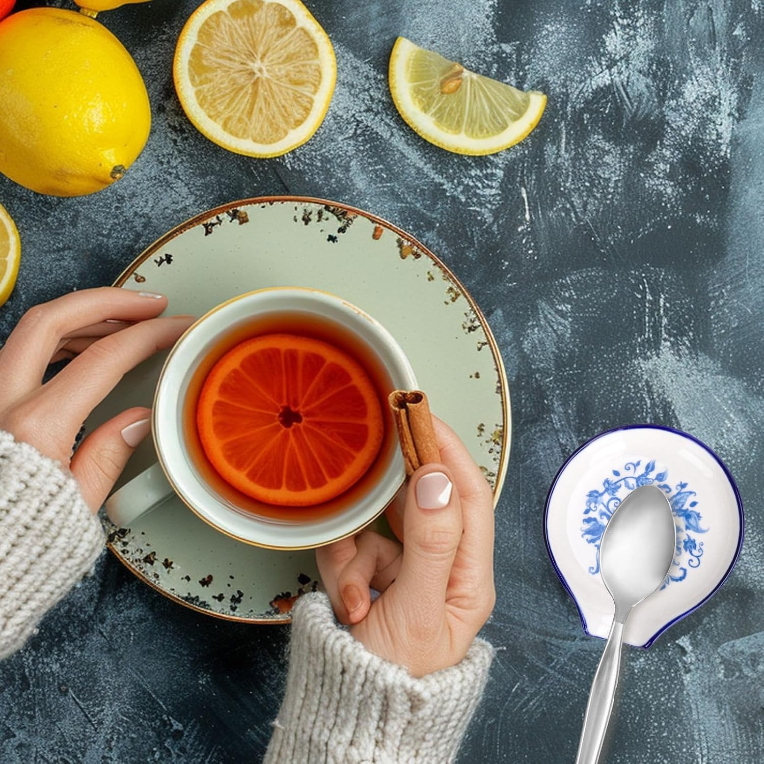 FYSUIMU Lemon Ceramic Spoon Rest 3.9 Inch Yellow Blue Summer Floral Capri Lemon Small Coffee Spoon Holder Ring Dish for Kitchen Stove Top Stirrers Teaspoon Bar Coffee Station Accessories