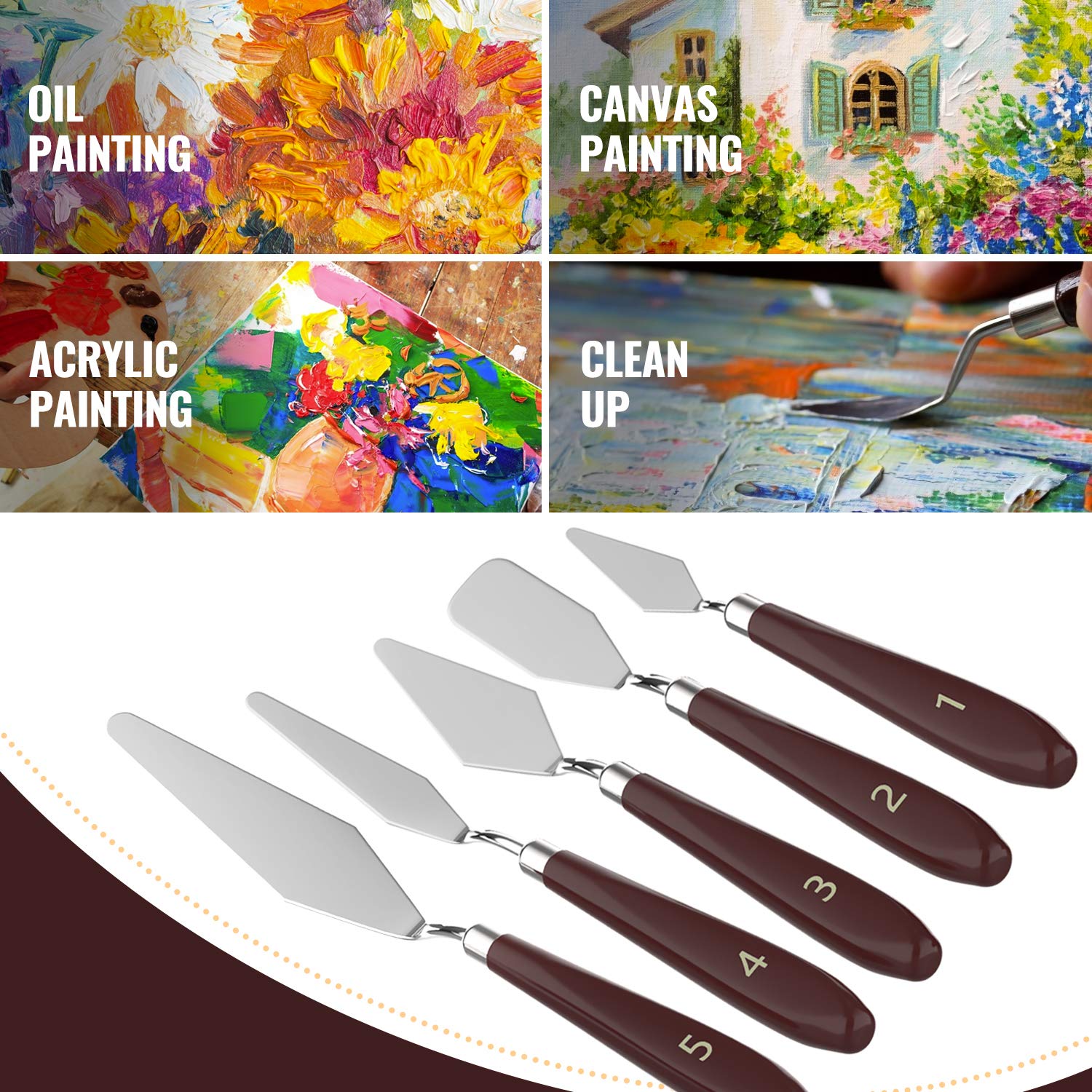 Dadanism 5 Pieces Painting Knives Thin & Flexible Stainless Steel Palette Knife Set Oil Painting Metal Knives Color Mixing Scraper Painting Art Spatula Palette Knife Tools - Reddish Brown 2