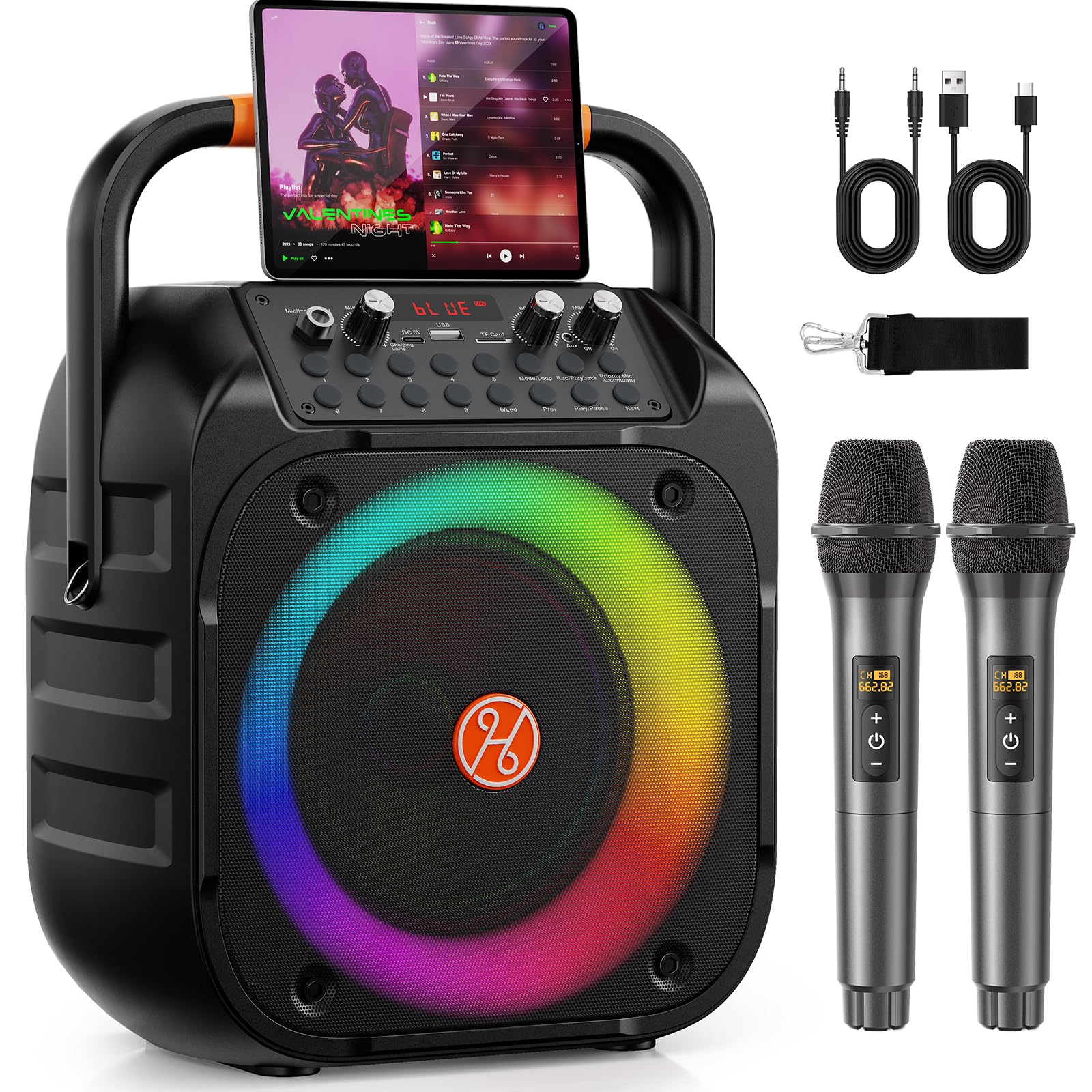 HWWR Máquina Karaoke Adultos, Karaoke Bluetooth portátil con 2 micrófonos inalámbricos, Ajuste Eco, Luces DJ, PA Sistema Altavoces Karaoke con Soporte TV/Rec/AUX/USB/TF Subwoofer 6,5 Pulgadas