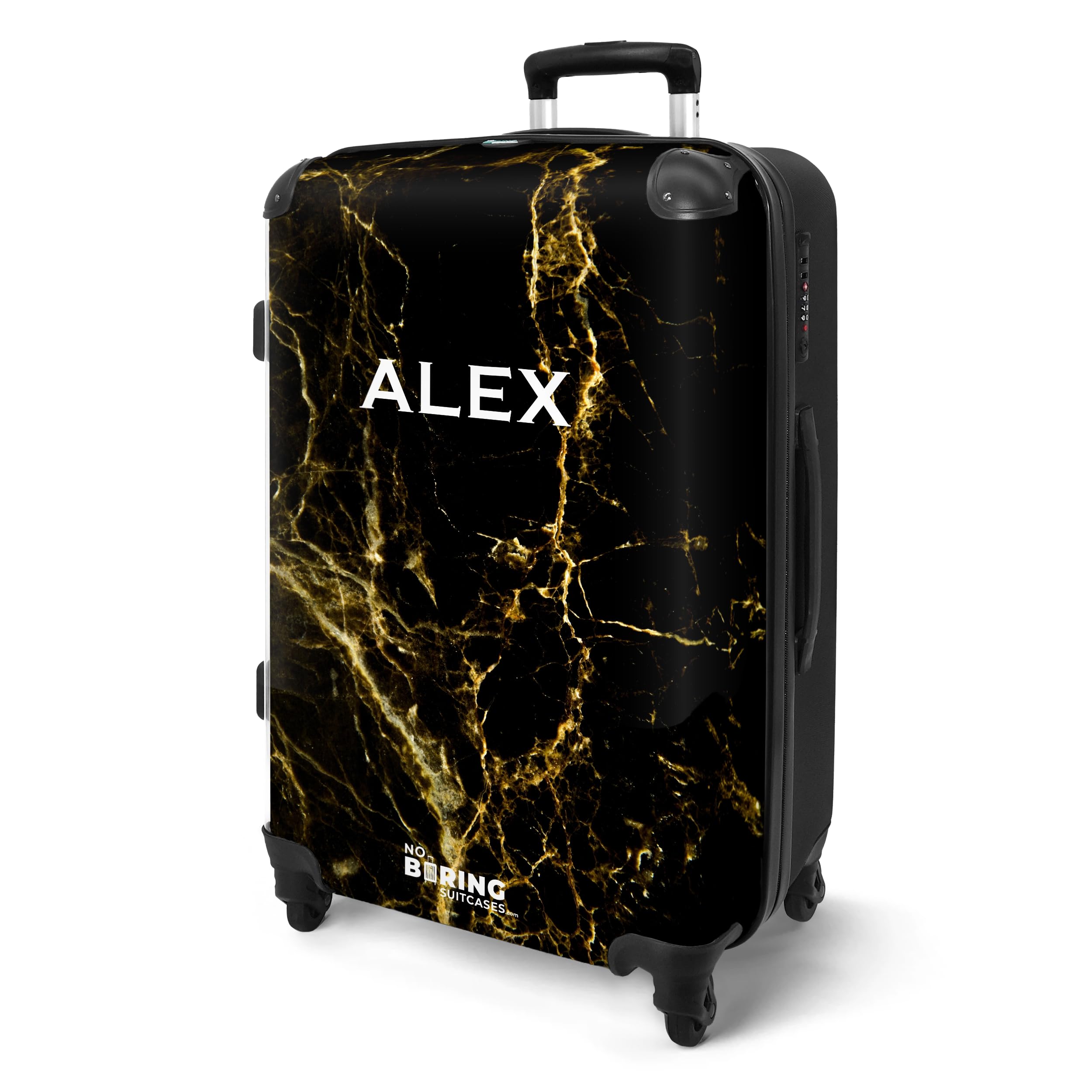 NoBoringSuitcases.com Maleta Mediana, Maletas de Viaje Grandes 23 Kilos, Maleta Personalizada, Maleta Mediana 4 Ruedas, Cerradura TSA, Maleta Grande, Maletas (67 cm - 72 L), (Mármol - Negro-Dorado)