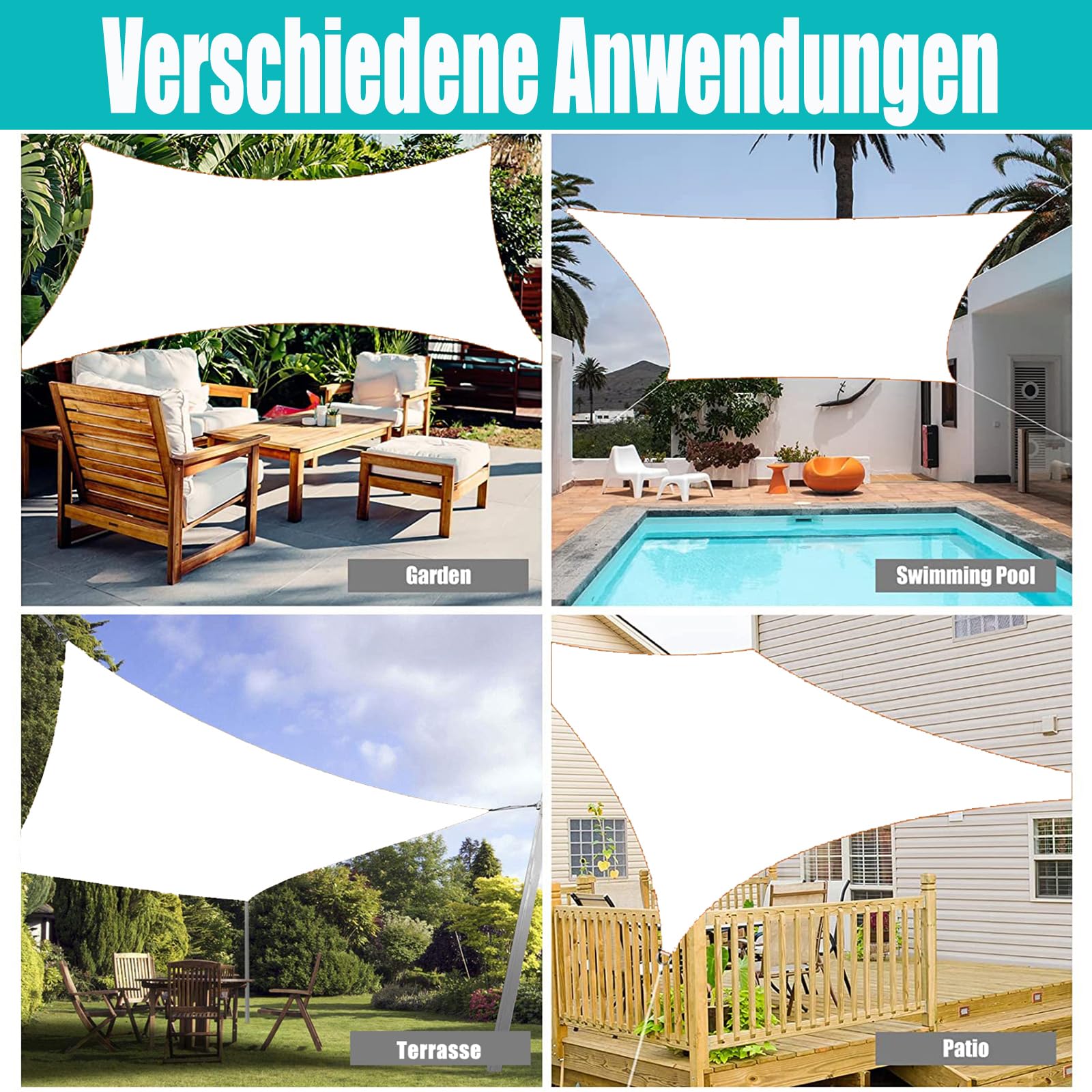 Ygann Sonnensegel Sonnenschutz Sonnendach Balkon Wetterschutz wasserabweisend Winddicht PES 420D 96% UV-Schutz für Garten Outdoor Viereck
