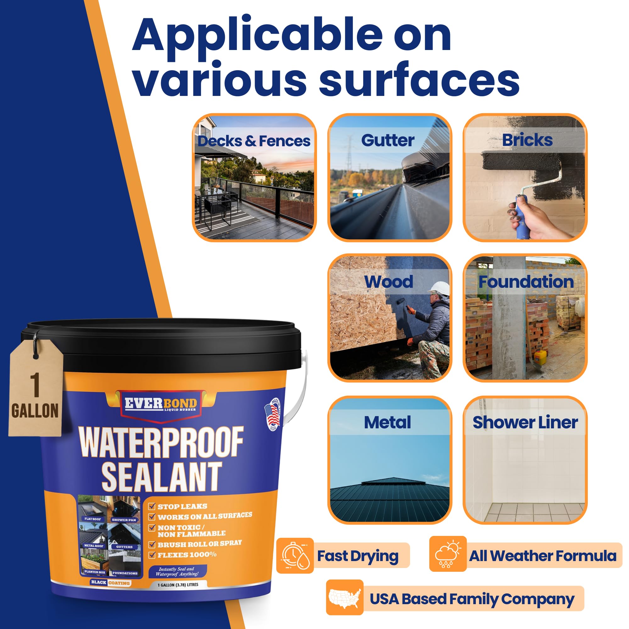 Waterproof Sealant - All Surface Leak Repair Indoor and Outdoor Waterproof Coating, Water-Based, Easy to Apply, Original Black, 1 Gallon