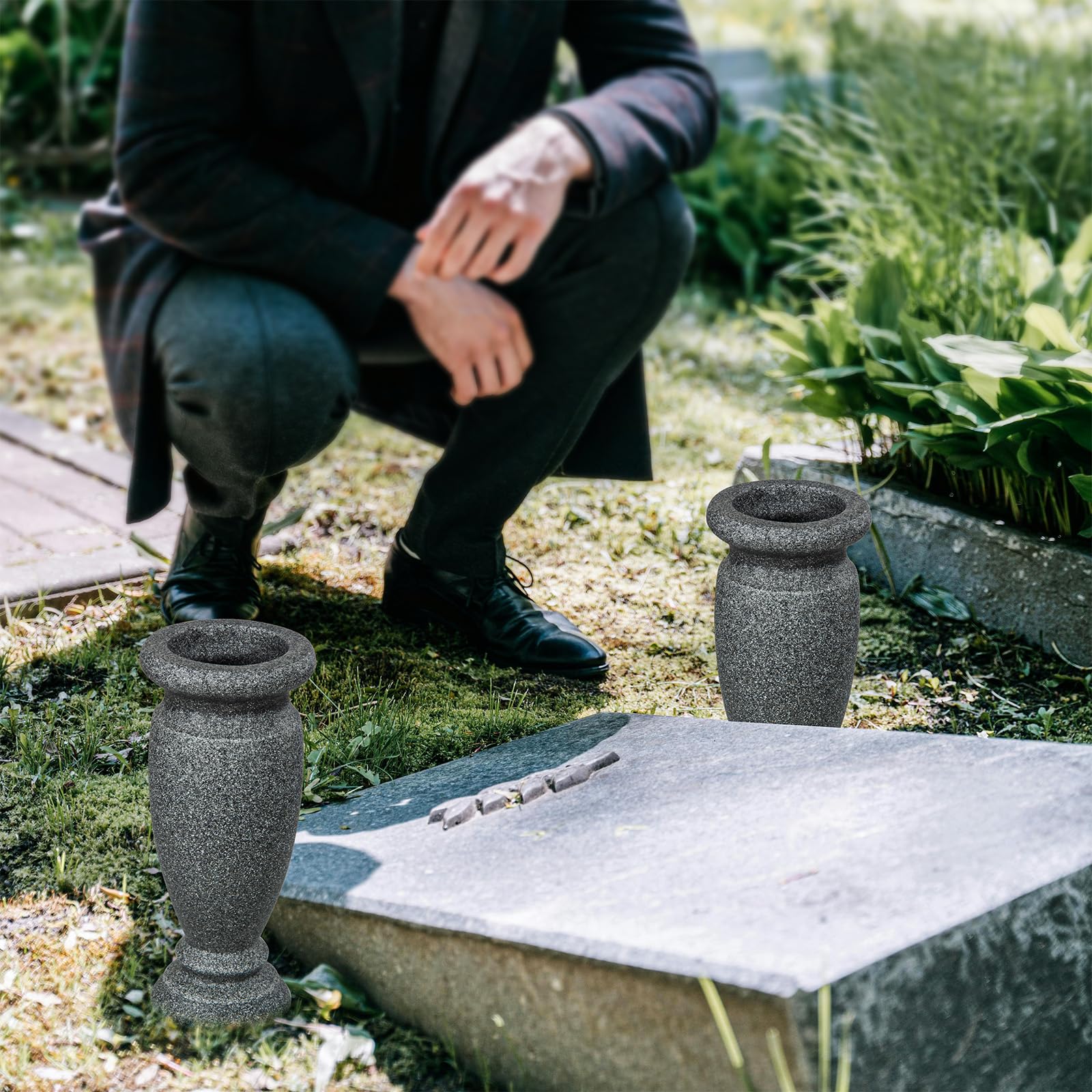 Jarrón de cementerio, jarrón de resina para tumba, para mesa del hogar, flores artificiales o frescas, decoración de lápida de tumba de cementerio (2 piezas, gris), flor no incluida, sin agujero de