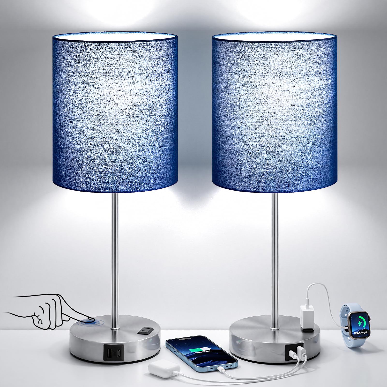 Blue Touch Lamps for Nightstand Set of 2 - Bedside Table Lamp for Bedroom with Dual USB Ports