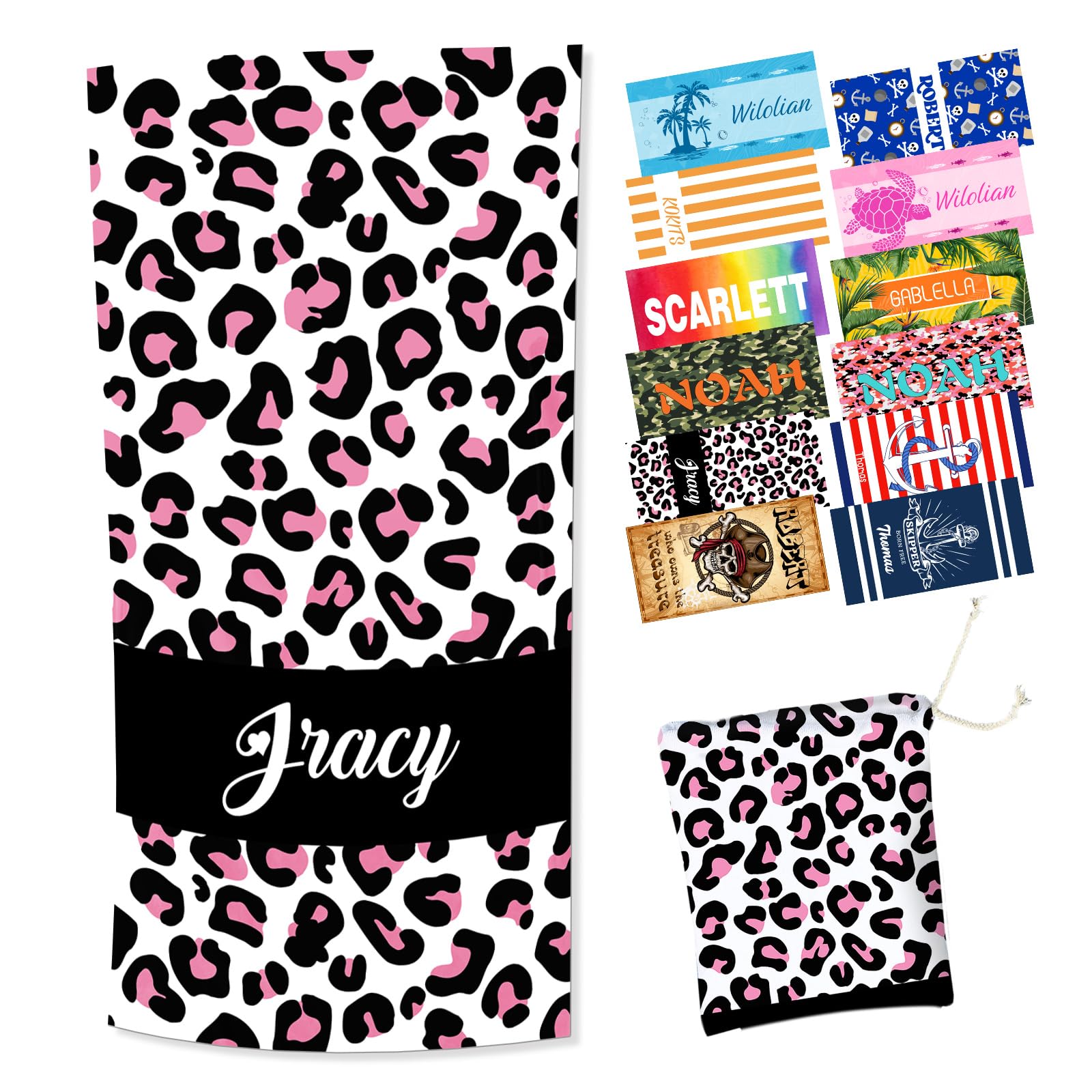 Duckbe Personalized Beach Towel with Bag, Pink Leopard Beach Towels Oversized Thick for Girls Women, Quick Dry Large Travel Sports Camping Towel for Swimming Pool