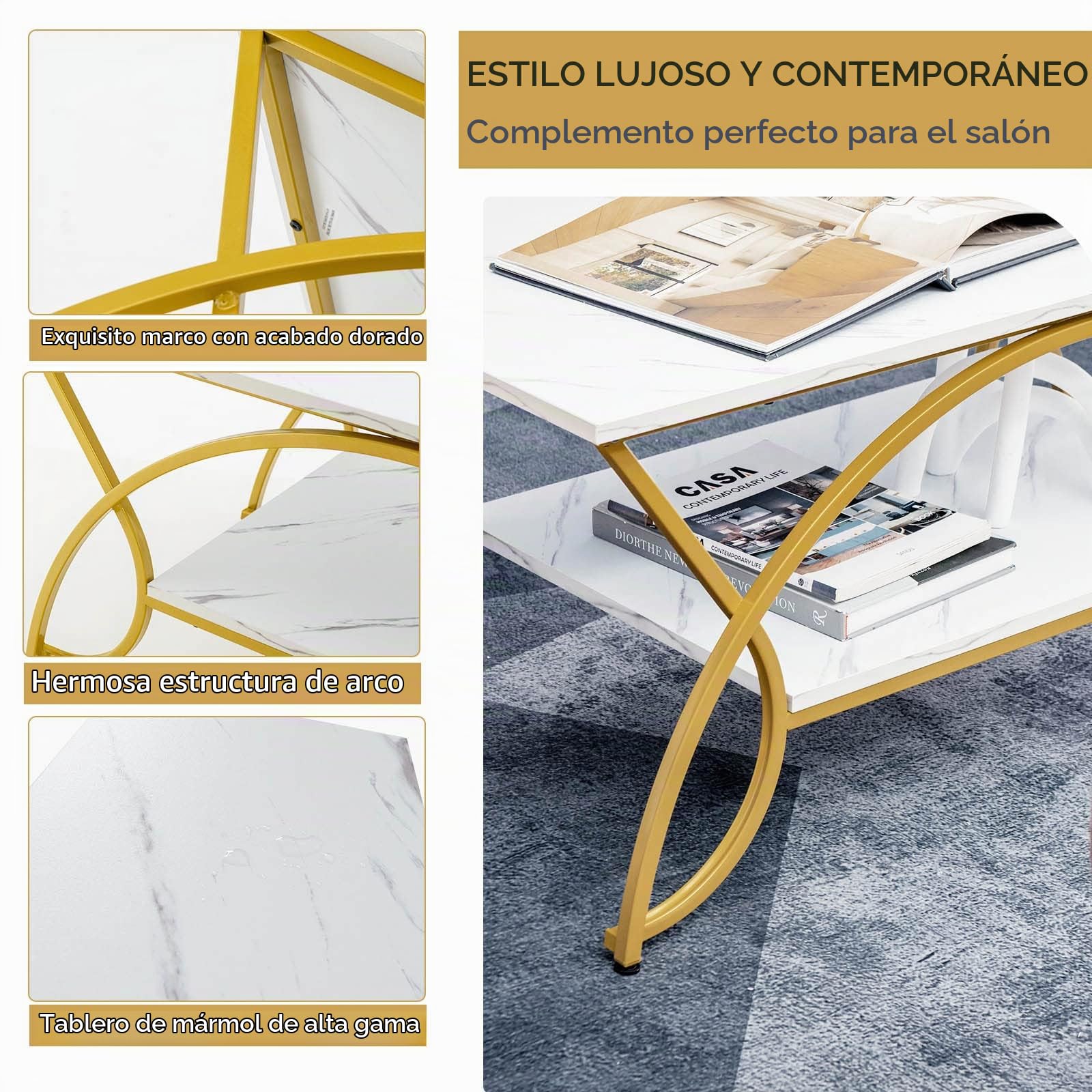 LIFEZEAL Mesa de Centro de 2 Niveles Moderna de imitación de mármol, Estructura de Metal Dorado Estable para Almacenamiento, para Dormitorio, Sala de Estar, balcón (Blanco+Oro)