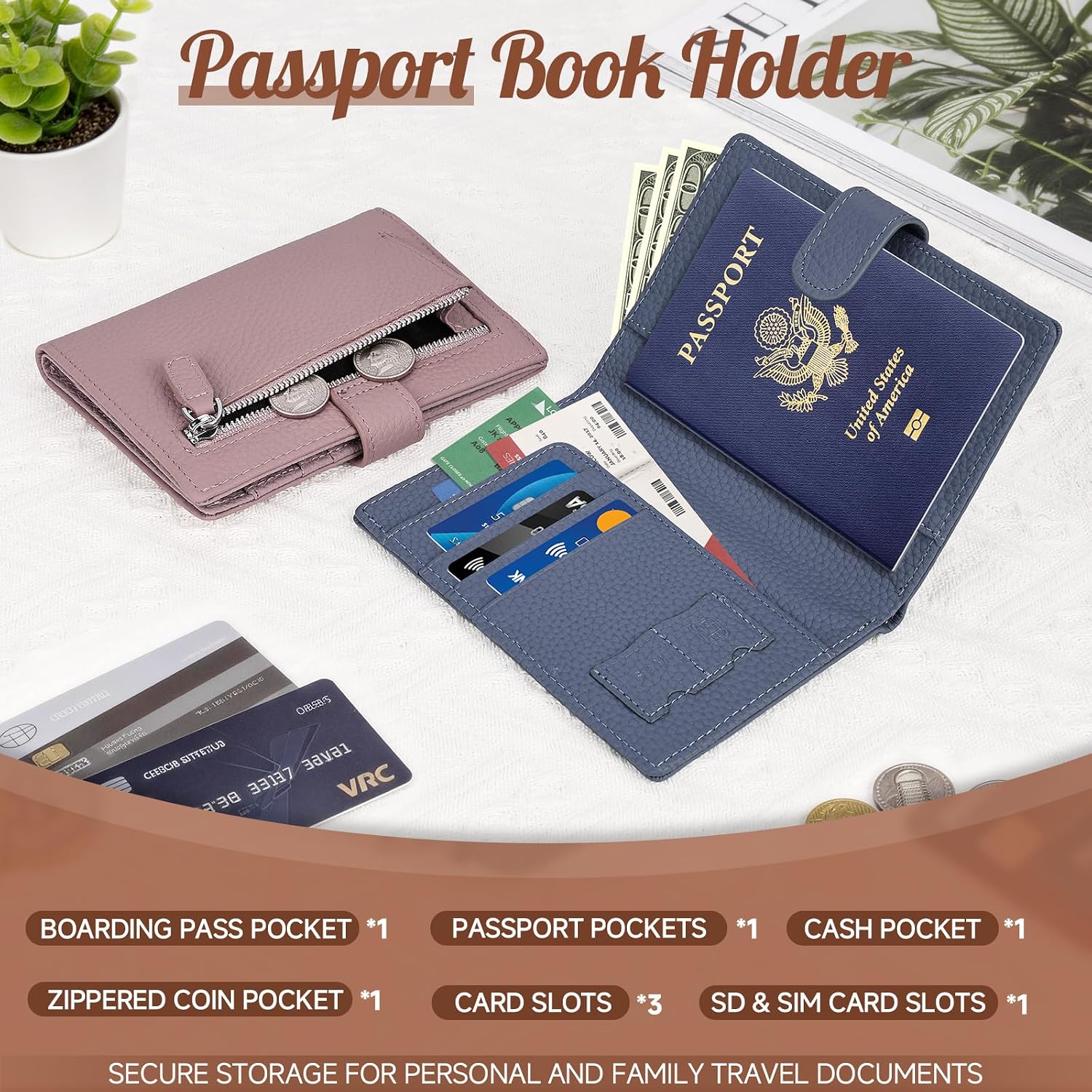 Likesing RFID Blocking Passport Holder, Leather Travel Wallet Womens(Blue)