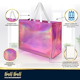 Nush Nush Extra Large Holographic Pink Gift Bag, Set of 12 Reusable Pink Iridescent Gift Bags with Handles - Party Favor Bags for Birthdays, Baby Shower, Bachelorette Party - 15.5W x 6D x 12H Size