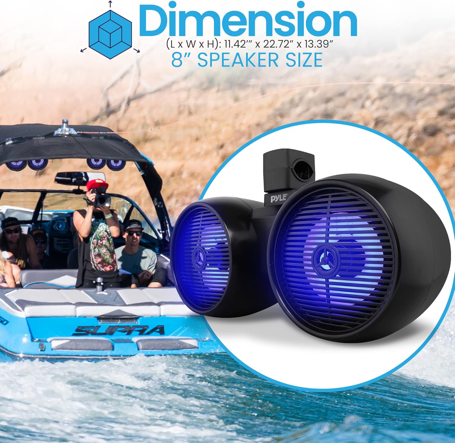 Pyle Dual Waterproof Off-Road Speakers - 8" 300W 2-Way Marine Wakeboard Tower Sound System w/LED Light, Full Range Outdoor Stereo Speaker for Car, ATV, UTV, Jeep, Boat, Includes Brackets (Black) - Image 3