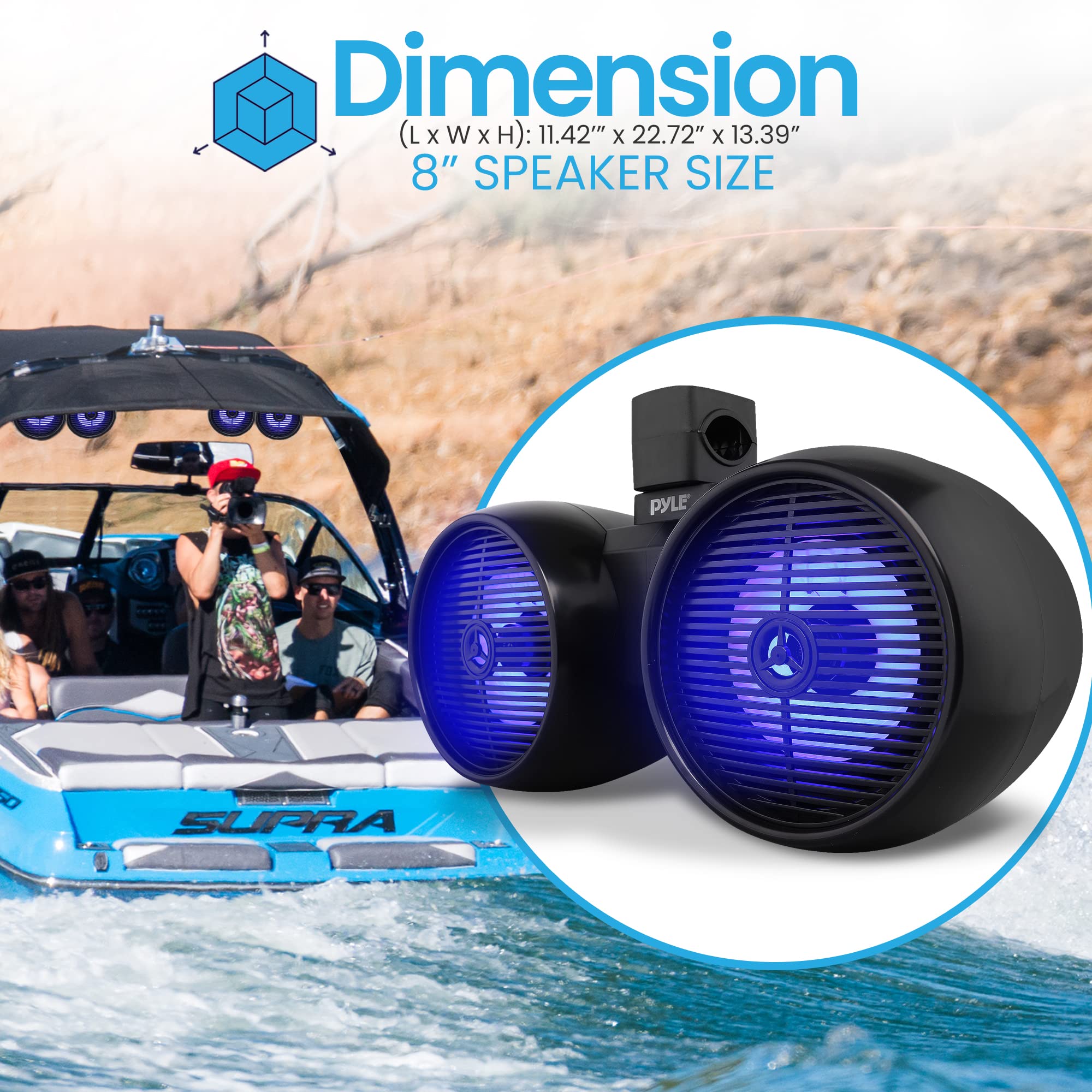 Pyle Altoparlanti impermeabili per fuoristrada, 20,3 cm, 300 W, 2 vie, sistema audio a torre di wakeboard con luce a LED, altoparlante stereo da esterno per auto, ATV, UTV, Jeep, barca, include staffe