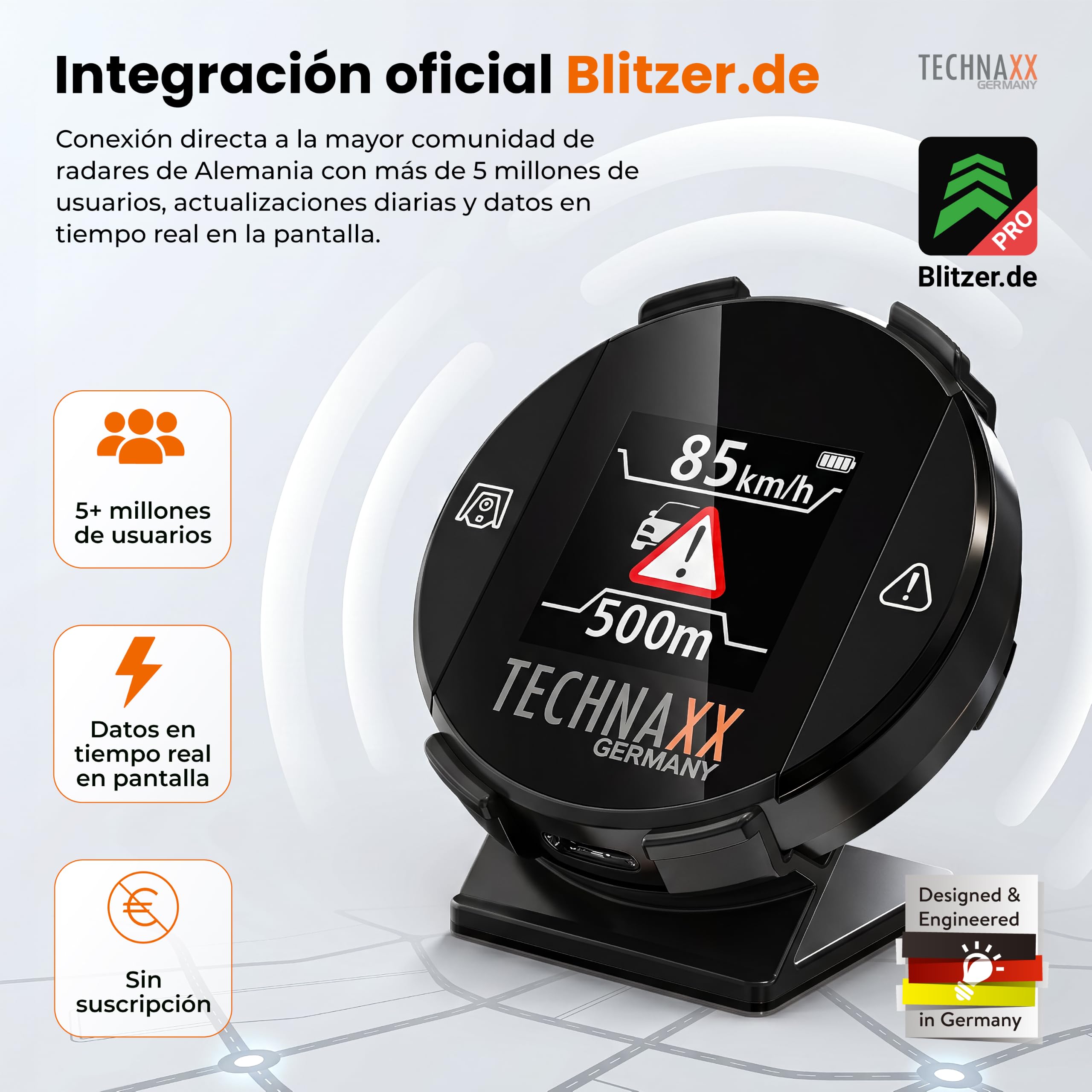Technaxx Detector de Radar con Blitzer.de – Dispositivo Inteligente de Alertas de Tráfico con Pantalla Integrada, Alertas de Velocidad y Peligros en Tiempo Real, Activación Automática - TX-388