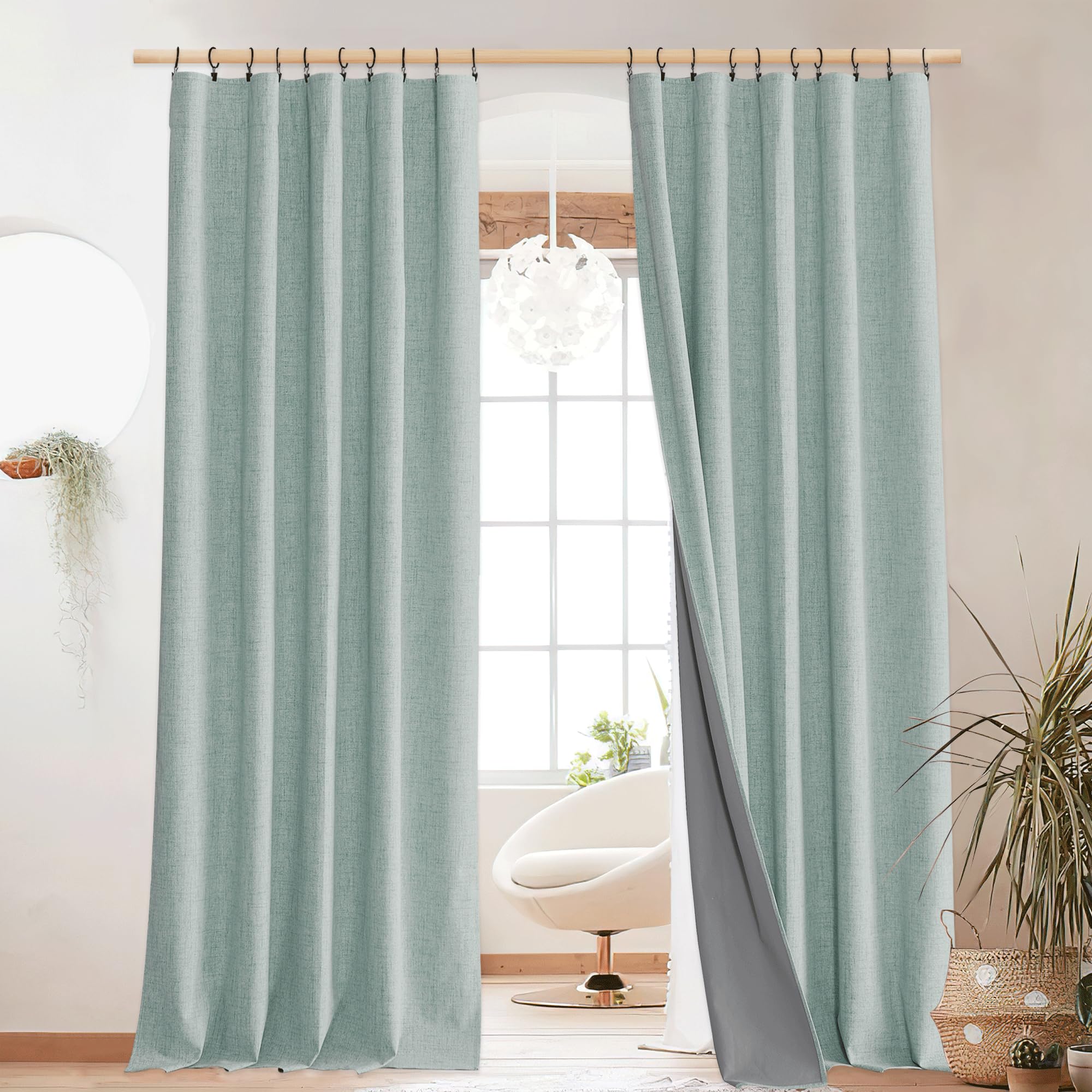 NICETOWN Full Blackout Linen Curtains for Living Room 102" Length with Thermal Insulated Liner, Farmhouse Style Keep Cool & Warm Large Window Drapes