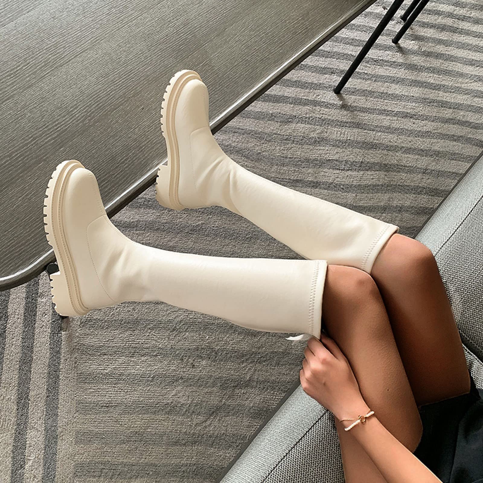 Mujer Botas Altas Rodilla Ancha Pantorrilla,Botas De Cuero Con Tacón Para Mujer,Botas De Tacón De Bloque Antideslizantes Sólidos Botas De Tacón Redondo Largas Botas De Mujer