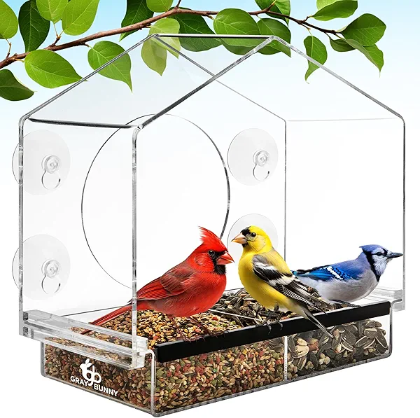 Window Bird Feeder with Strong Suction Cups (Clear) Bird Feeders for Outdoors with Drain Holes, Removable Tray and Large Seed Capacity