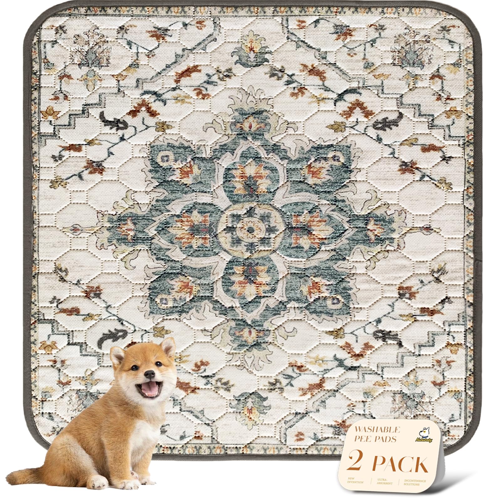 nunubaby Washable Pee Pads for Dogs, Stylish, Non-Slip and Leak-Proof Pee Pads. Reusable Potty Pads for Dogs for Crates and Floors.(Beige/Floral, 48" x48" )