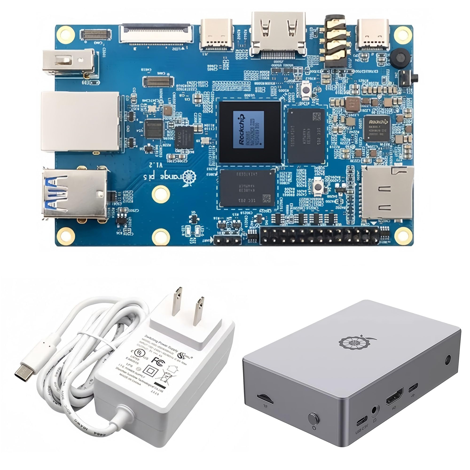 Pomarańczowy komputer jednopłytkowy Pi 5 z RK3588S, 4 GB/8 GB/16 GB RAM, moduł PCIE, zewnętrzna obsługa SSD, zasilacz 5 V 4 A, metalowa obudowa, Android Debian OS (pojedyncza płyta 16 GB + zasilanie +