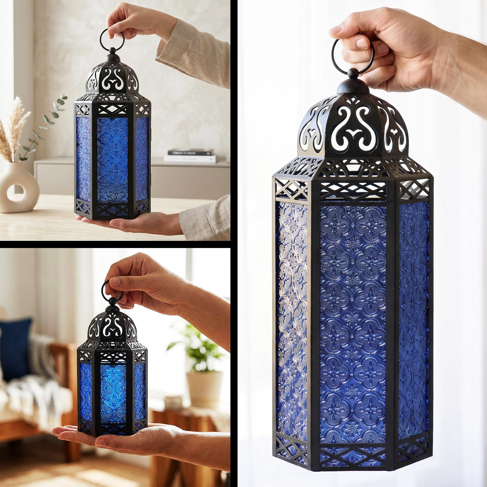 Vela Lanterns Juego de 3 faroles portavelas marroquíes Decorativos para Suelo, decoración de Ramadán, decoración Interior del hogar, Patio al Aire Libre o Porche, Bodas, Cobalto