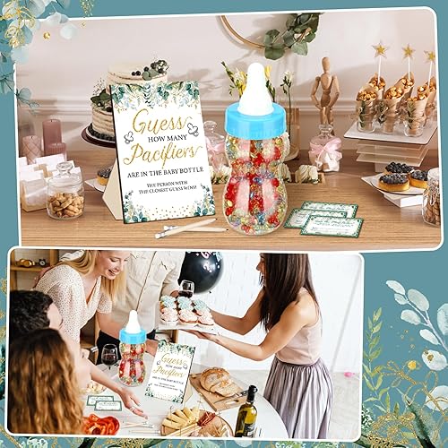 Miniatura 6 de Syhood Greenery Baby Shower Games Guess How Many Pacifiers Sage Game Signal, 50 pequeños juegos de adivinanzas, 20 lápices HB, botella de leche de