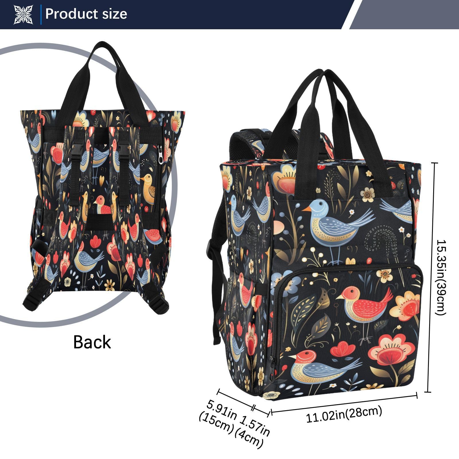 Flor Negro Arte PáJaros Mochilas de Pañales para Gran Capacidad Pañal Bolso Mochila para Viajar al Aire Libre Mamá y Papá
