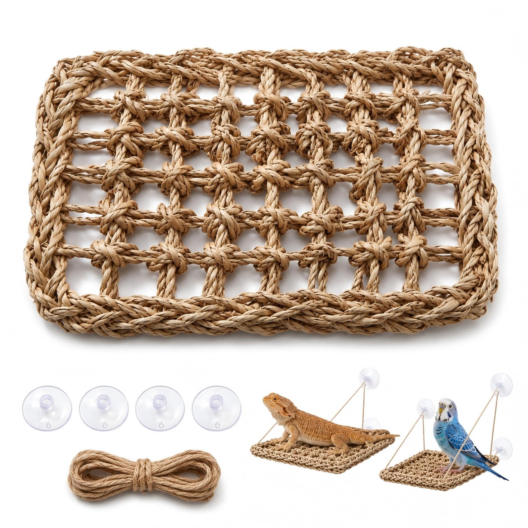 Kaaeiccr Bearded Dragon Hammock Natural Seagrass Climbing Mat Suction Cups