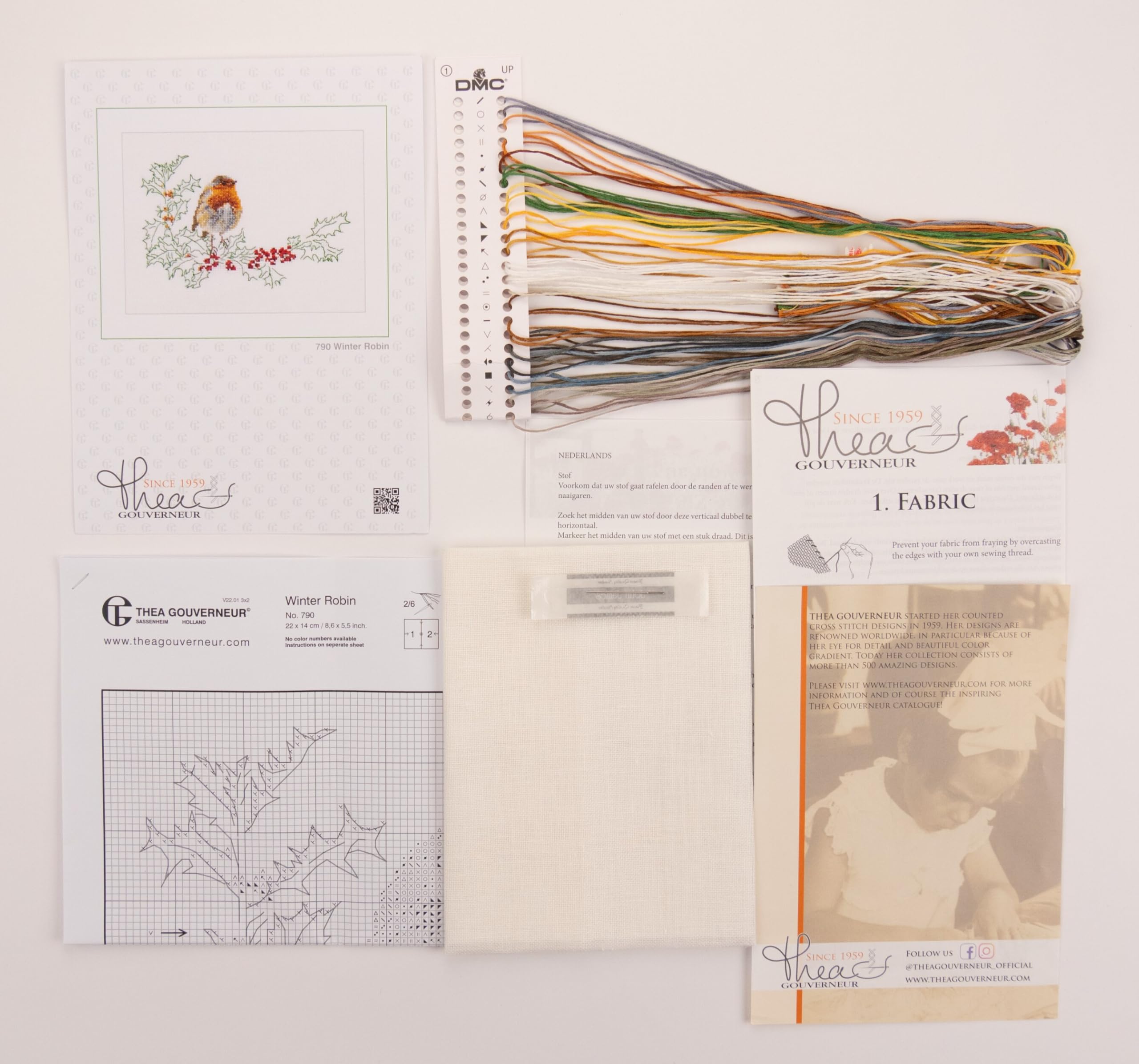 Kit Point De Croix Compté Thea Gouverneur – Oiseau Robin D’Hiver Sur Lin 32 Fils, Motif Naturel Et Coloré Pour Adultes