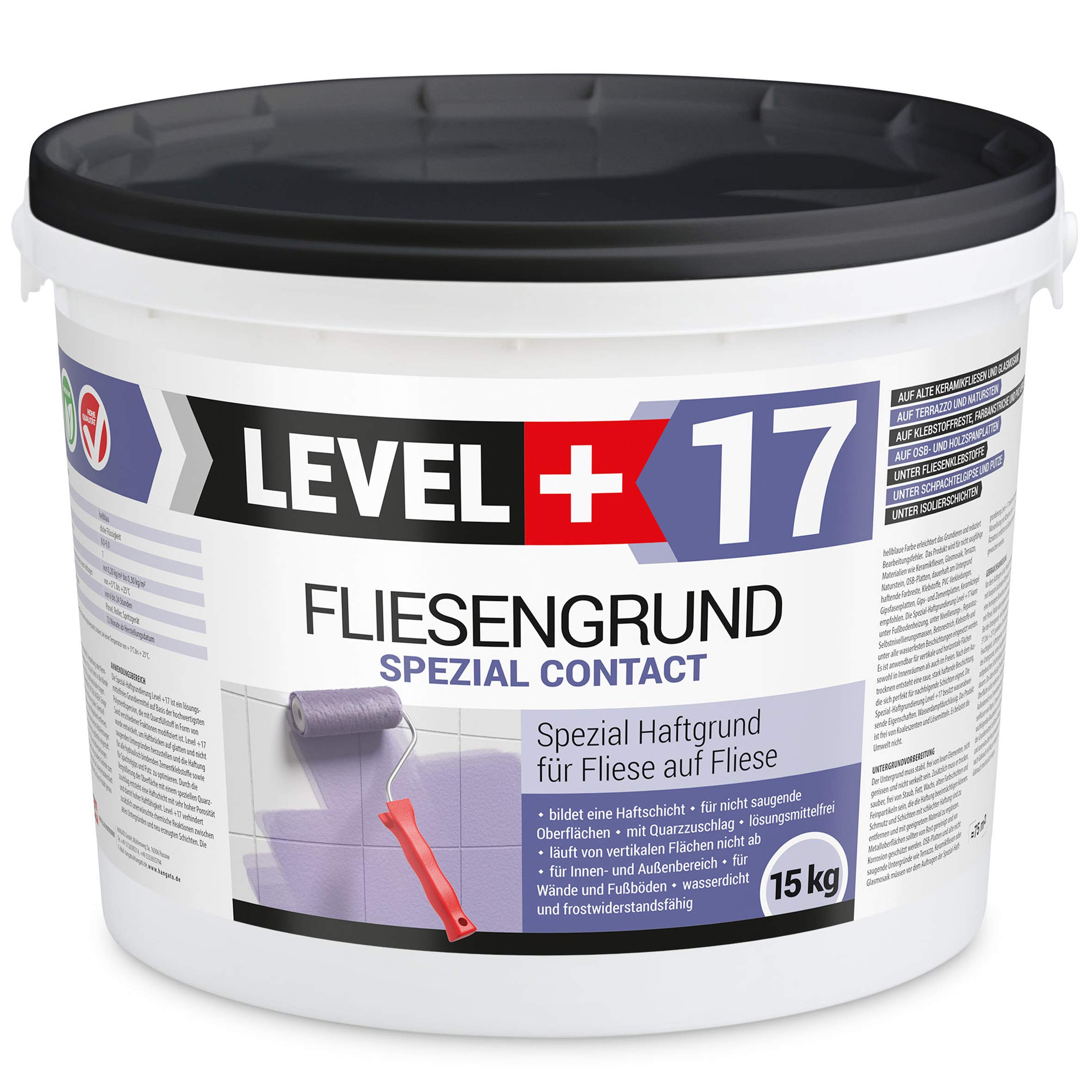 Level + 17 Fliesengrund Spezial Contact für Fliese auf Fliese - 15 kg | Spezial-Haftgrund mit Quarzsand für Fliesen, Glasmosaik, Naturstein & PVC - Grundierung für Innen & Außen