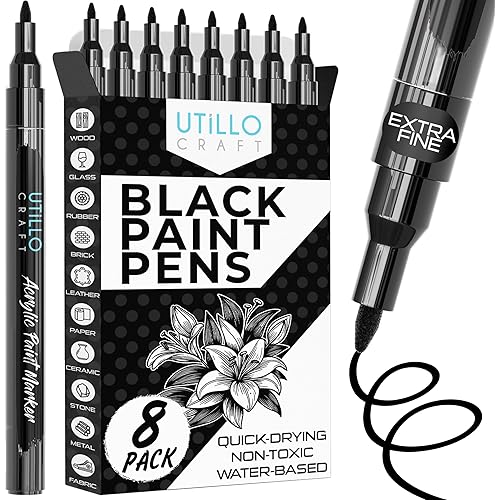 Utillo Craft Black Paint Pen (8-Pack) Extra Fine Black Paint Markers for Metal, Fabric, Wood, Glass, Paper, Plastic, Rock, Leather | Bold Color Permanent Acrylic Paint Pen 0.7mm | Artist DIY Gift