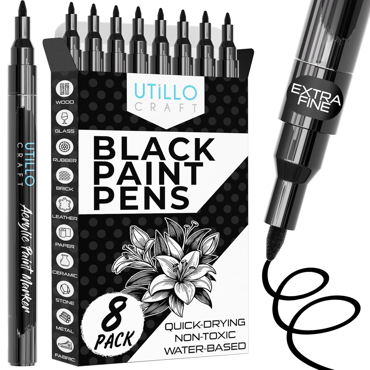 Utillo Craft Black Paint Pen 8-Pack Extra Fine 0 7mm Black Paint Markers for Metal Fabric Wood Glass