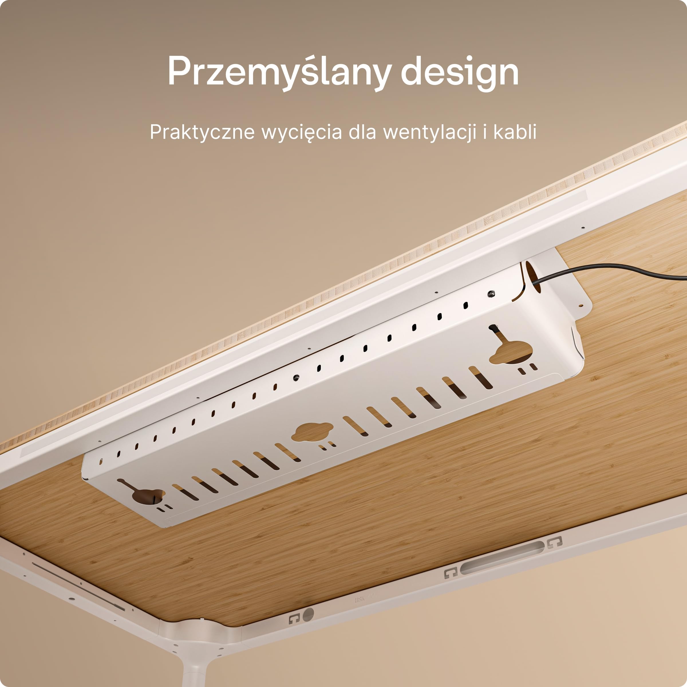Cable Management Pro – Organizer kabli pod biurko z wbudowaną listwą zasilającą, stalowa tacka na kable z magnetyczną osłoną, wentylowana konstrukcja, łatwy montaż