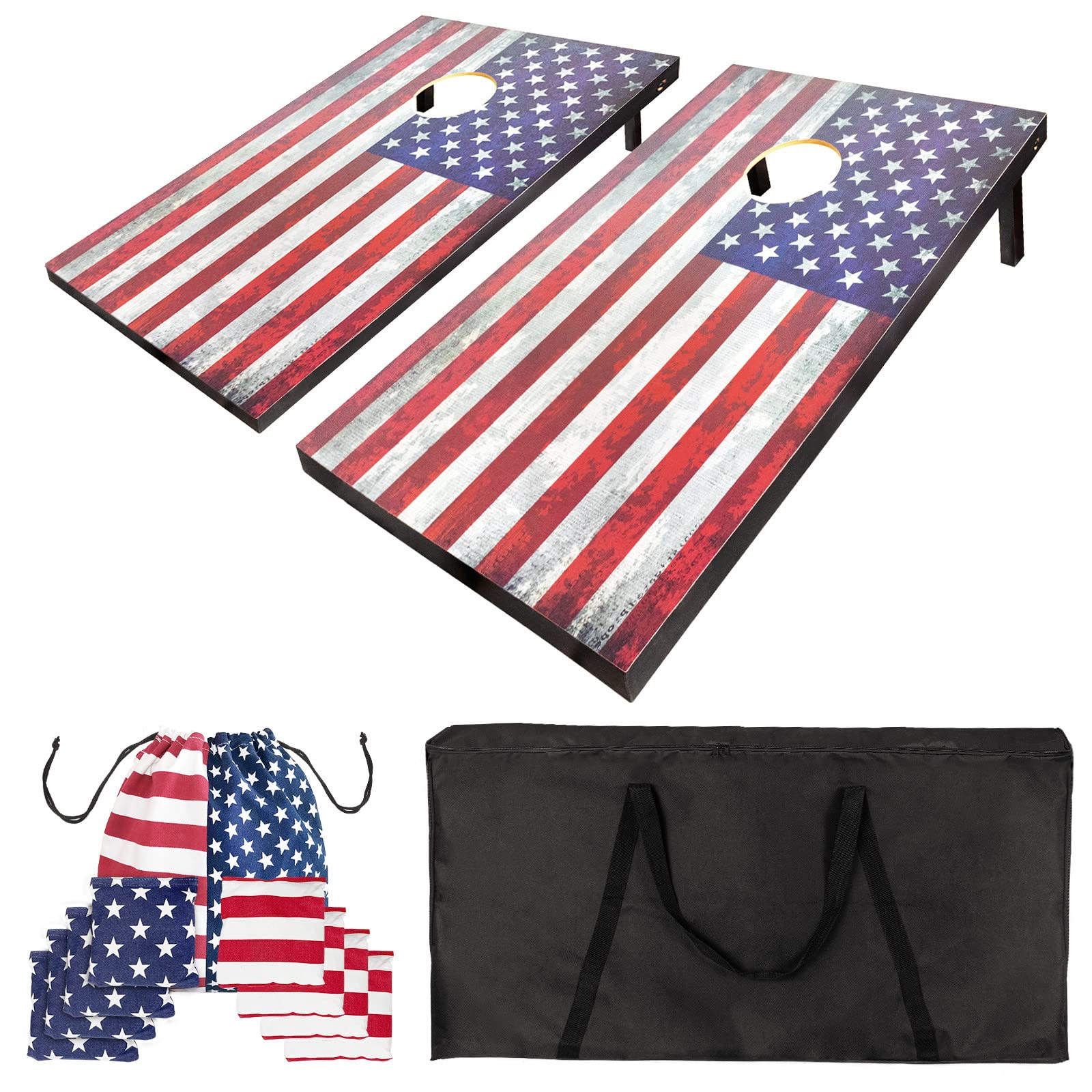 Solid Wood Cornhole Outdoor Game Set 4' x 2' Regulation Size Cornhole Boards,Includes 8 Bean Bags and Cornhole Sets Carrying Case for Lawn,Backyard,Beach,Camping Stars/Stripes
